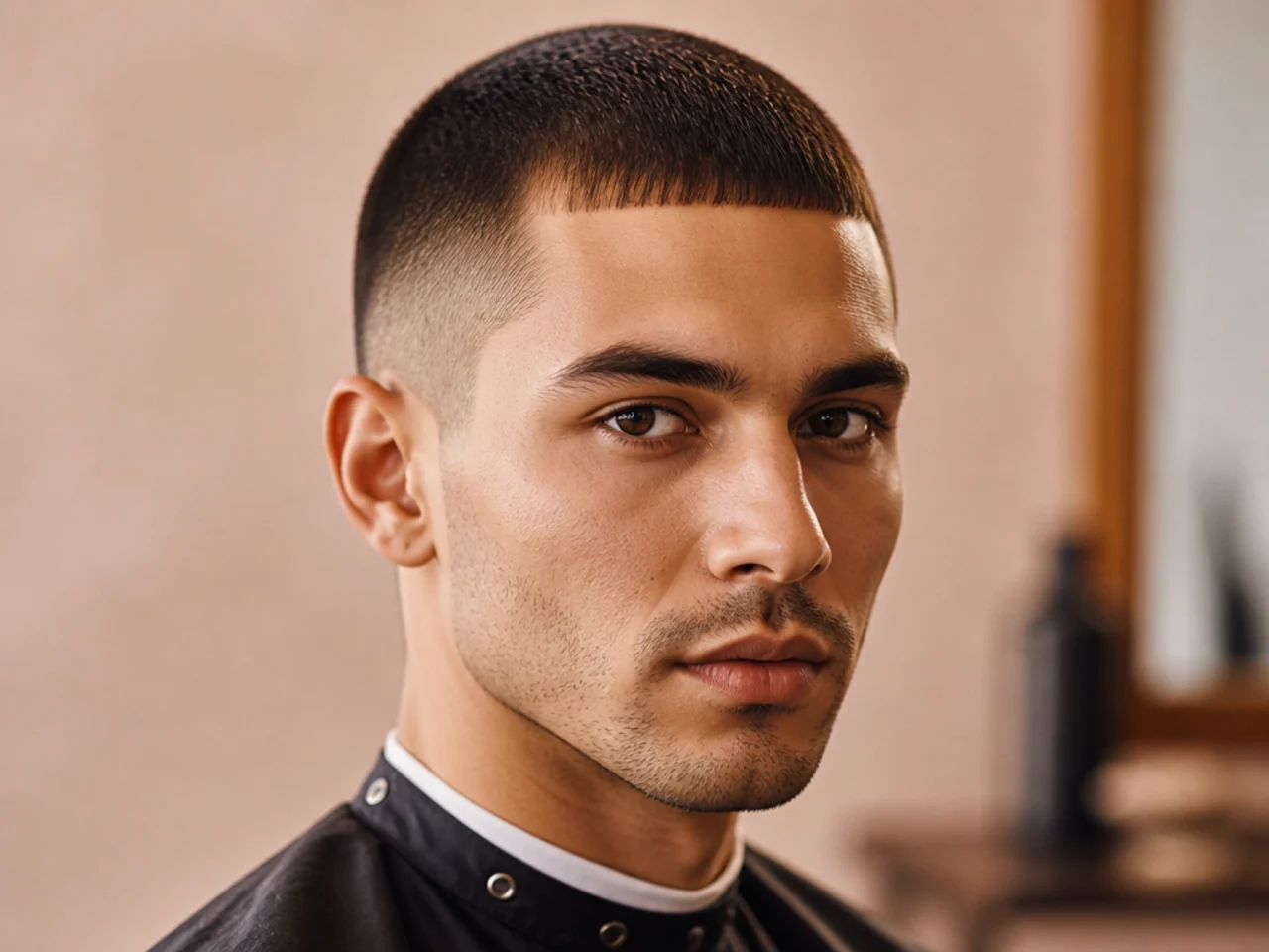 Buzzcut fringe with blunt bangs and skin fade for modern edge