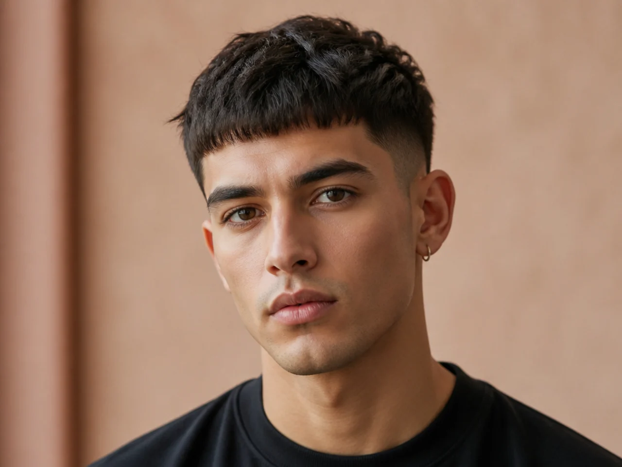 Cropped fringe haircut with sharp edges and straight-across front