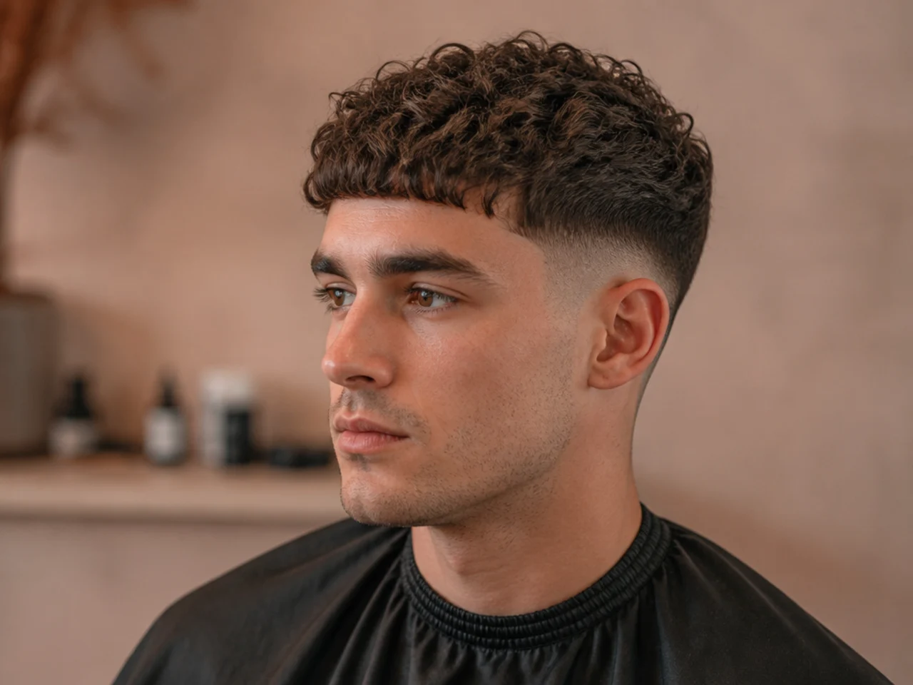 Curly Caesar haircut with natural texture and tapered sides