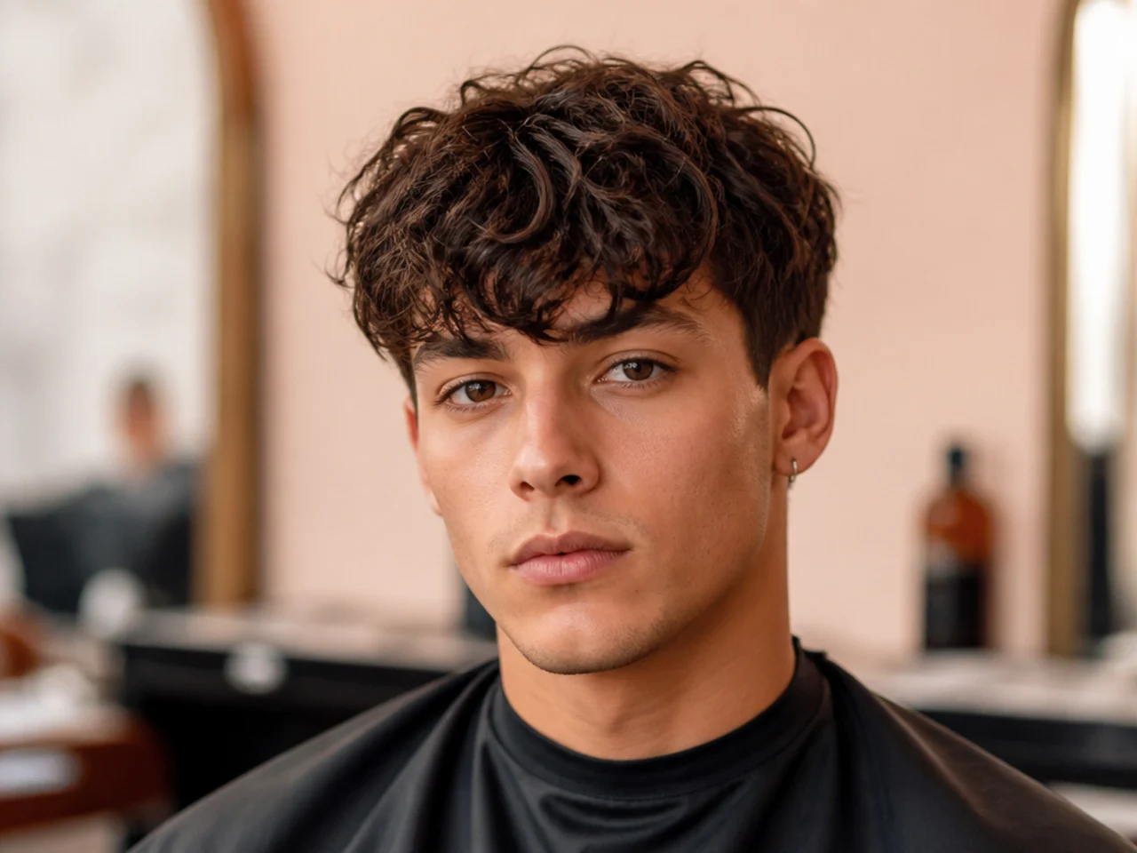 Curly fringe hairstyle with defined curls and clean faded sides