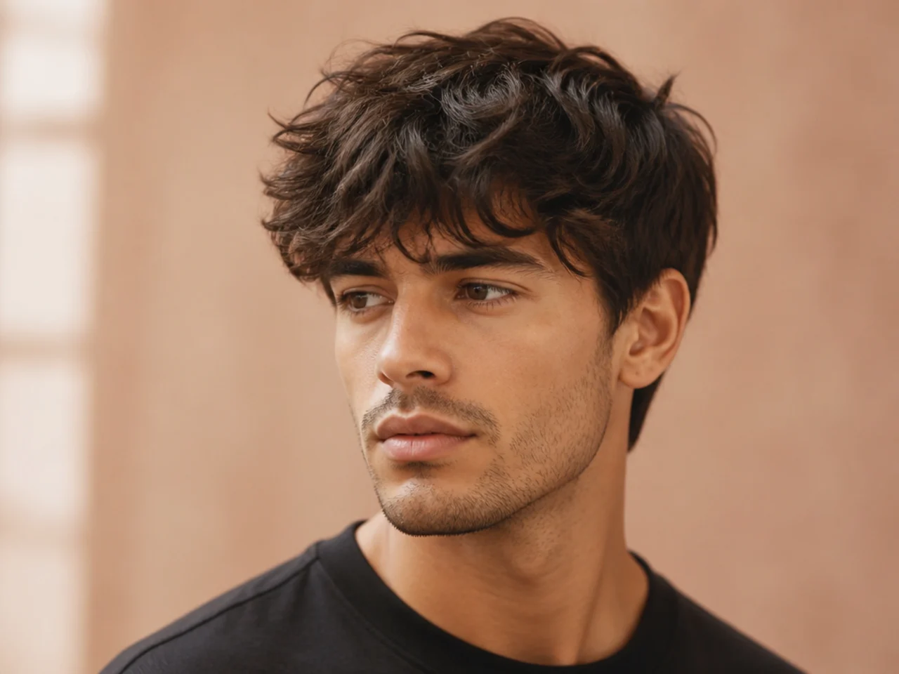 Floppy fringe haircut with long, relaxed bangs and layered flow
