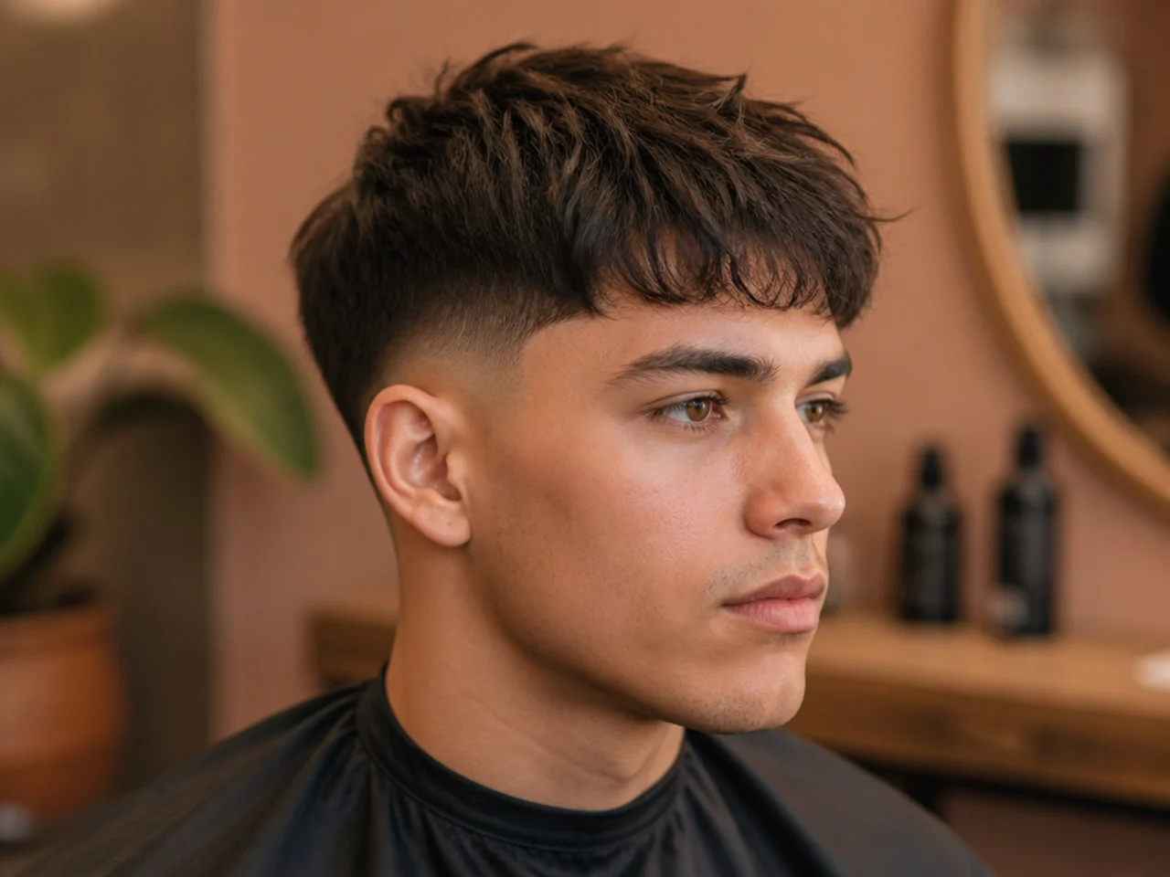 Fringe haircut with fluffy texture and smooth low fade