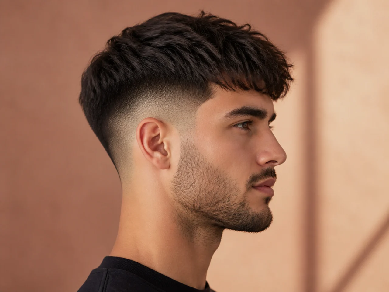 Fringe with fade haircut featuring sharp edges and structured fringe