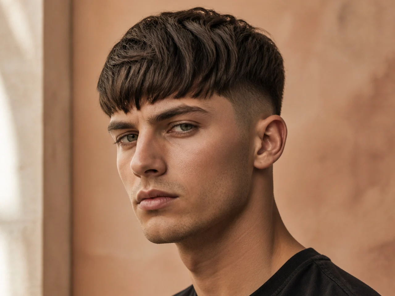 Heavy angular fringe with thick textured bangs and clean sides