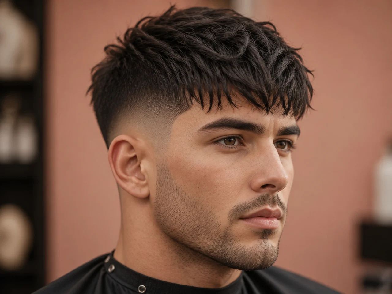 Mid fade textured fringe with messy layers and bold shape