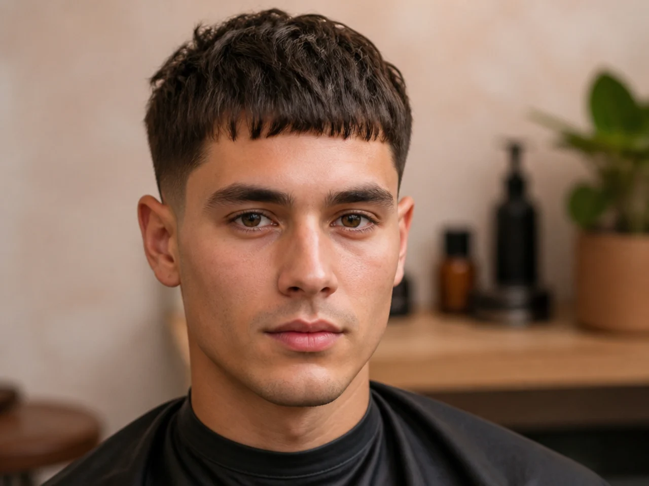 Short fringe haircut with crisp edge and neat texture for low-maintenance style