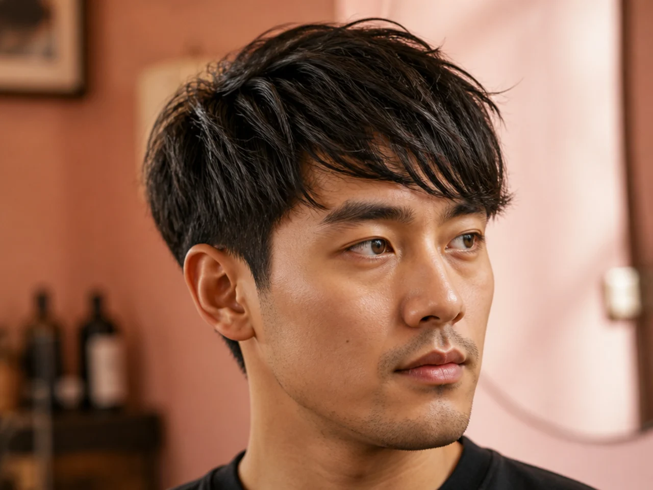 Side swept fringe haircut with sleek angles and natural flow