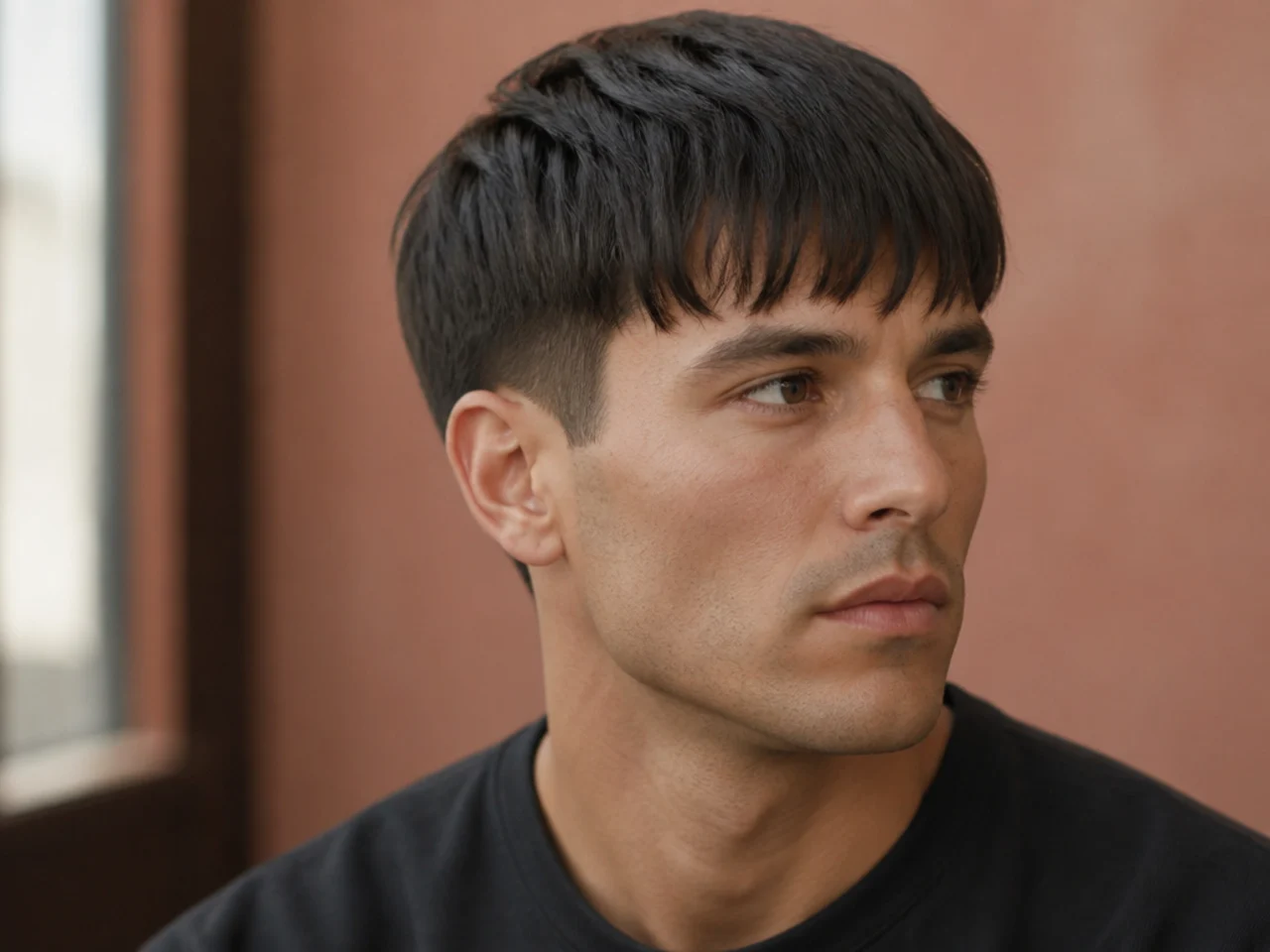 Straight hair fringe with blunt cut and tight side fade for structure