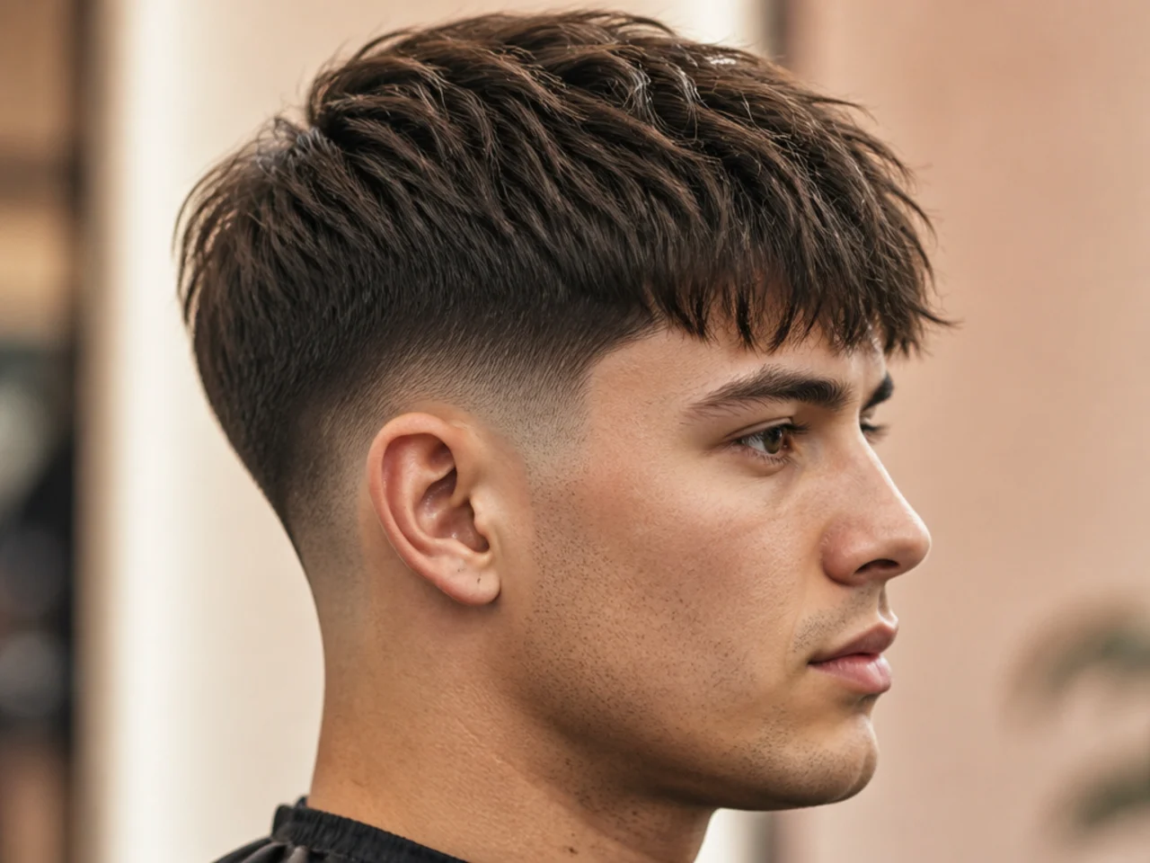Taper fade fringe haircut with blunt front and sculpted sides