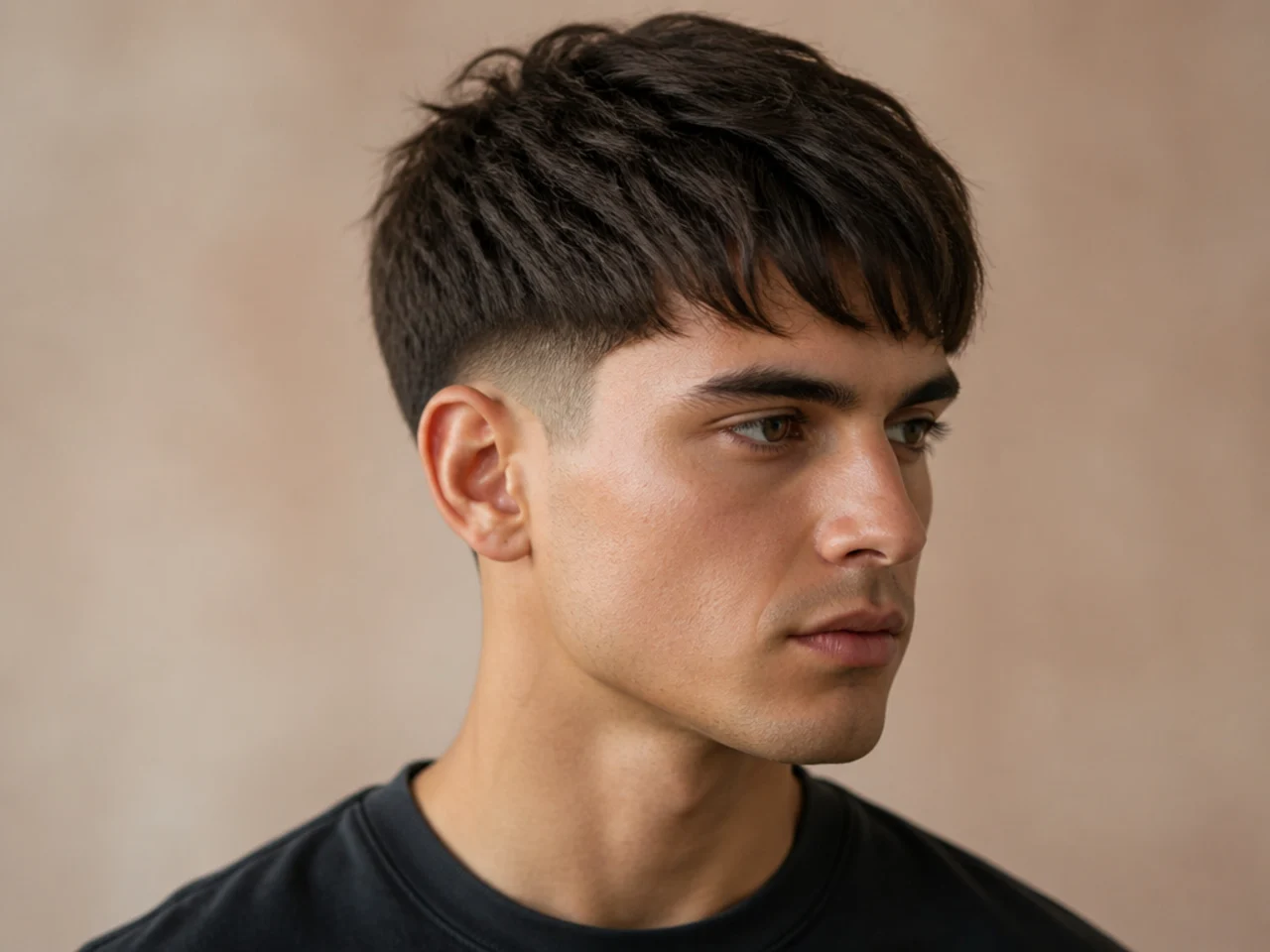 Tapered fringe hairstyle with natural forward texture and smooth fade