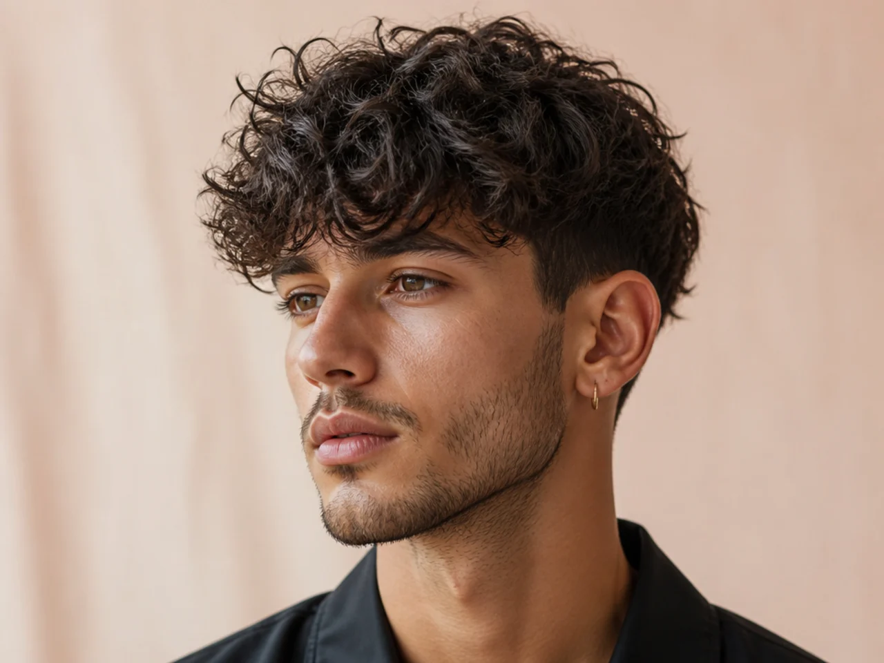 Textured curly fringe with thick defined curls and clean fade