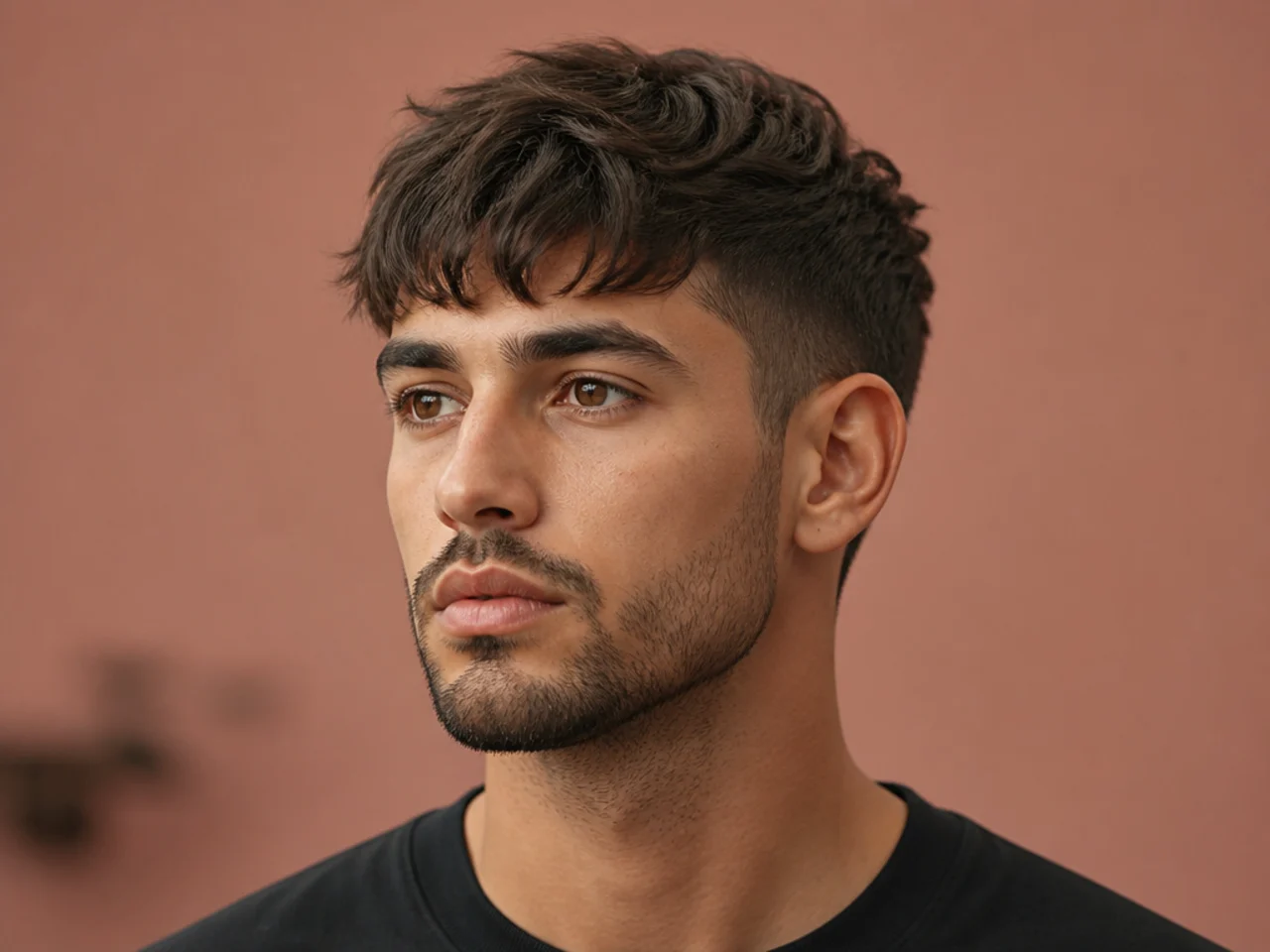Textured fringe haircut with choppy layers and clean fade for modern edge