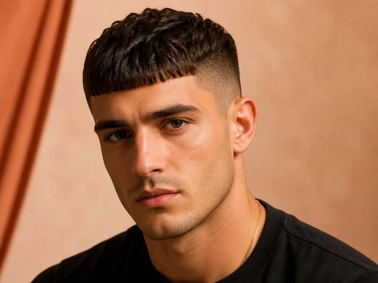 Classic Caesar haircut with blunt fringe and clean faded sides