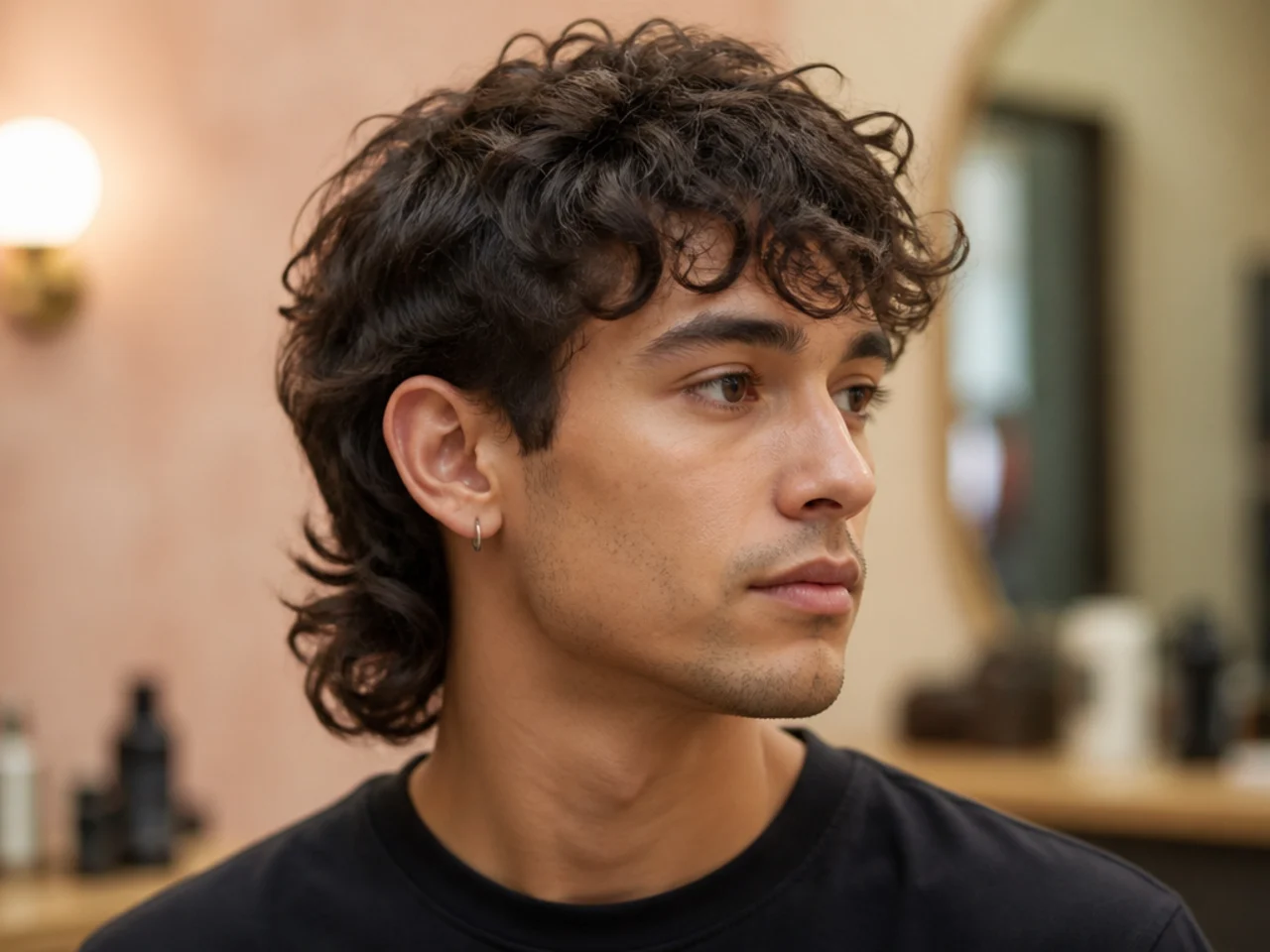 Curly fringe mullet on a man with natural type-3 curls falling forward as a fringe and a three-inch curly nape
