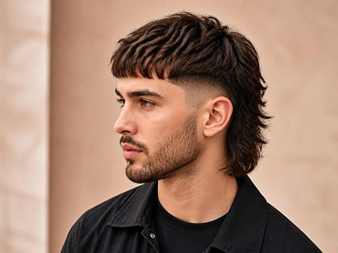 Low taper fade fringe mullet with clean lower half tapered to skin at the sideburn and a textured fringe on top