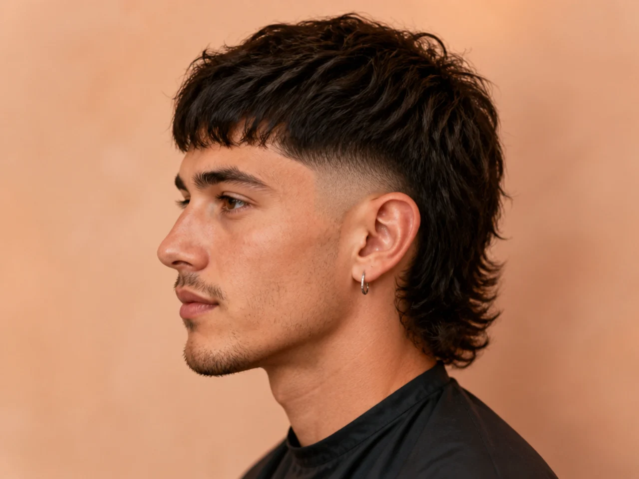 Mid fade fringe mullet with sharp contrast between skin-faded sides and a heavy forward fringe over a two-and-a-half-inch nape
