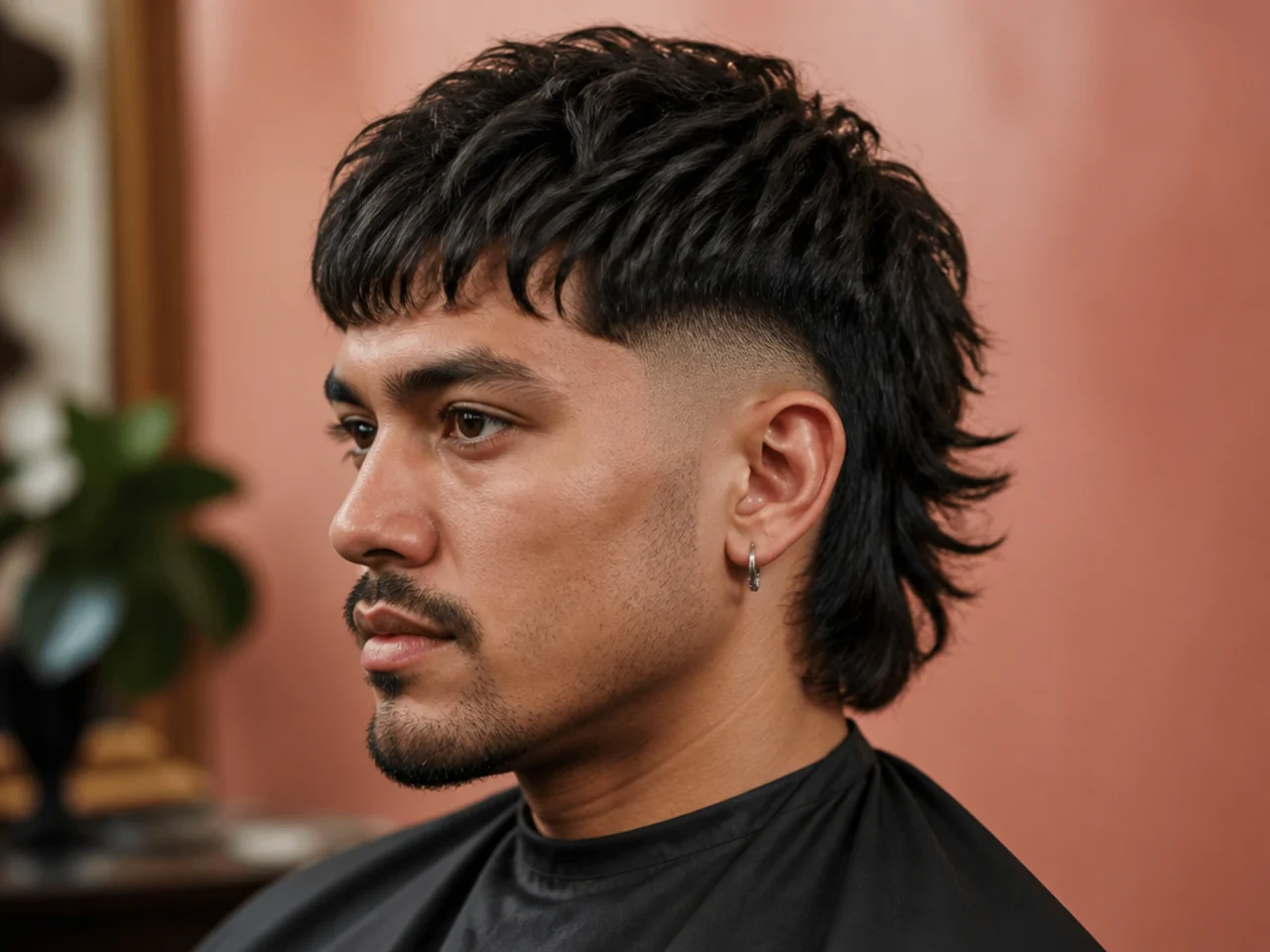 Burst fade fringe mullet with a semi-circle burst curving around the ear and a soft forward fringe