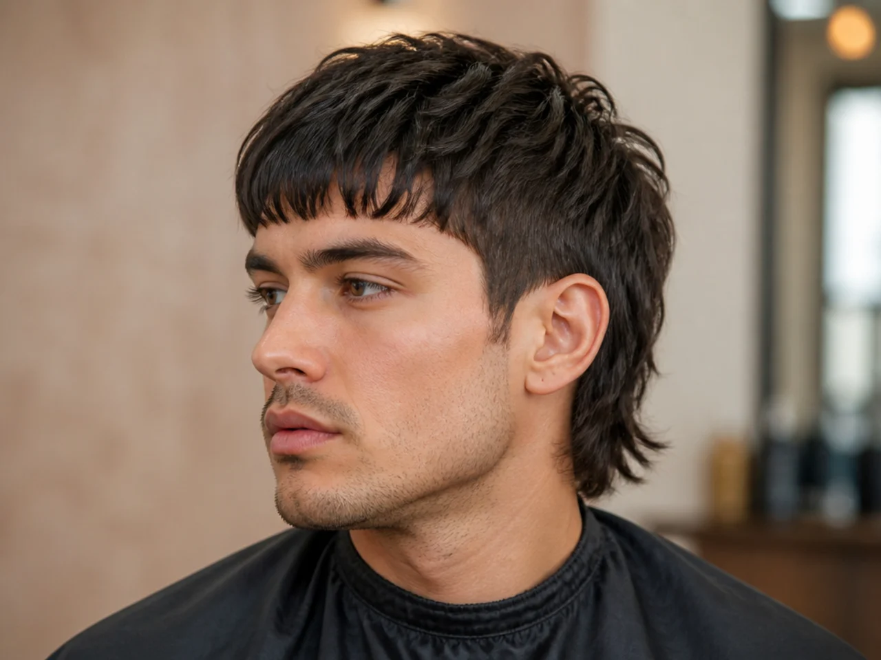 Edgar fringe mullet with a straight horizontal fringe line across the forehead and a two-inch textured nape