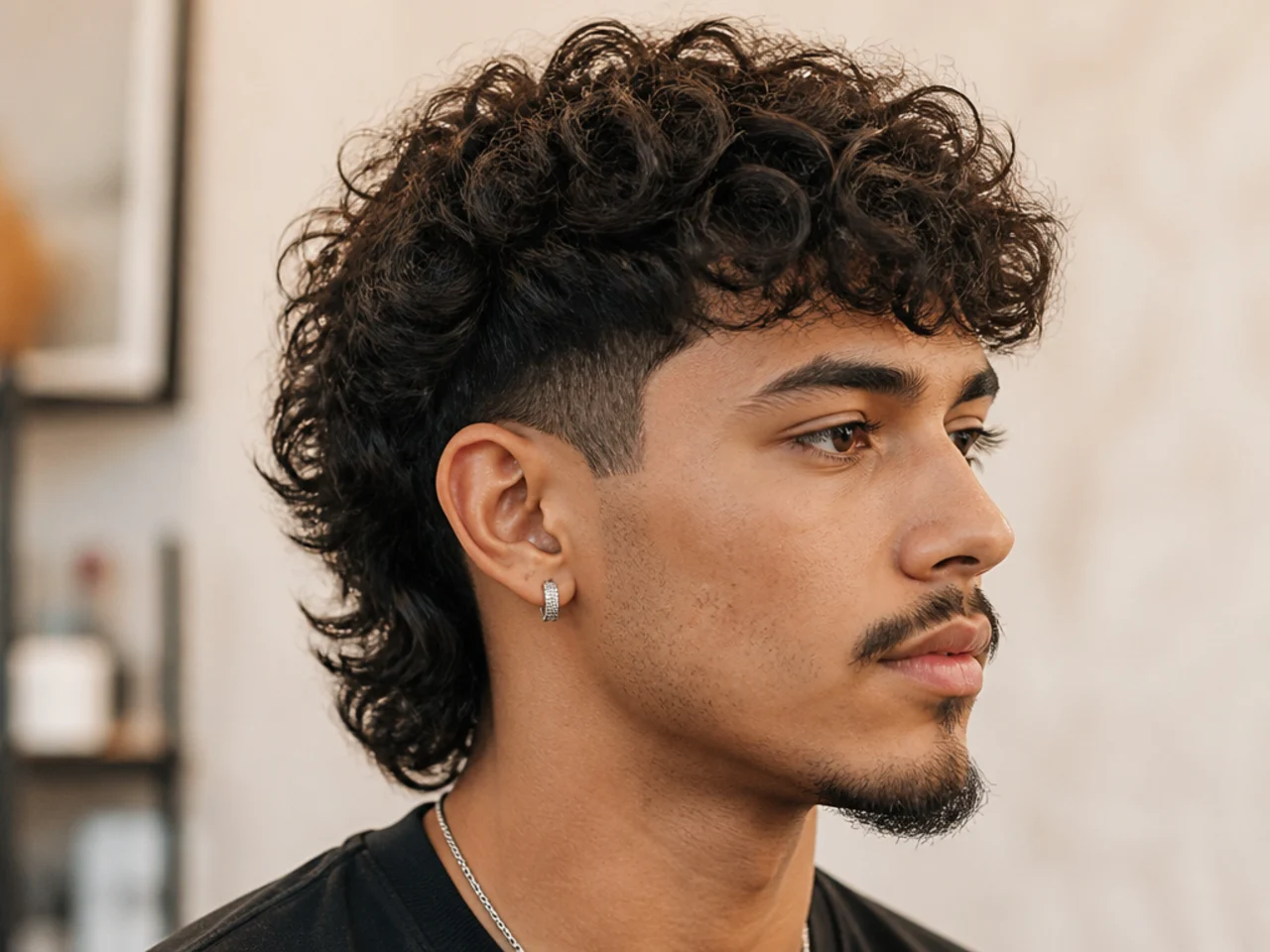 Broccoli fringe mullet with permed volume through the crown and a soft curly fringe over the brow