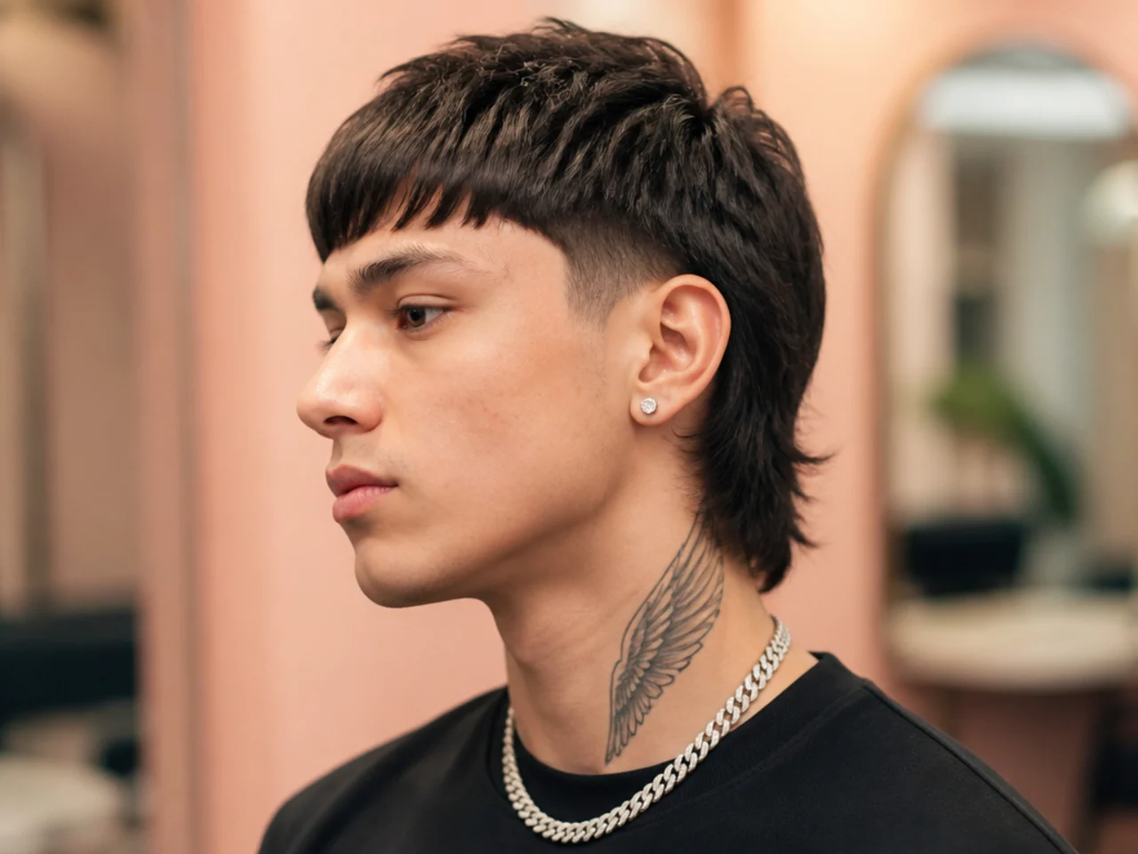 Peso Pluma-style fringe mullet with center-parted curly curtain fringe and a shoulder-touching curly nape