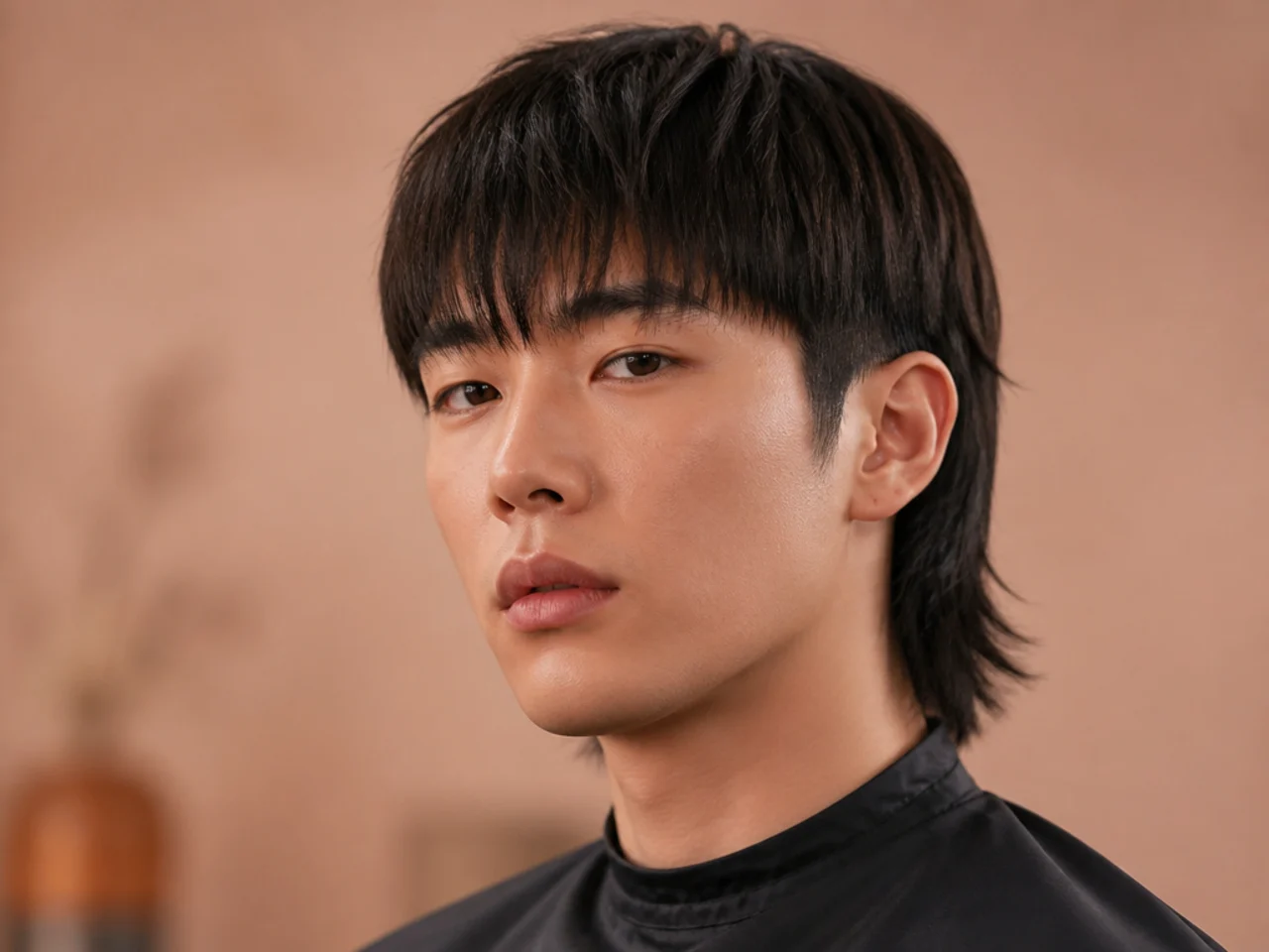 Korean-style straight fringe mullet with sleek forward fringe and a straight-hair mullet nape at collar length