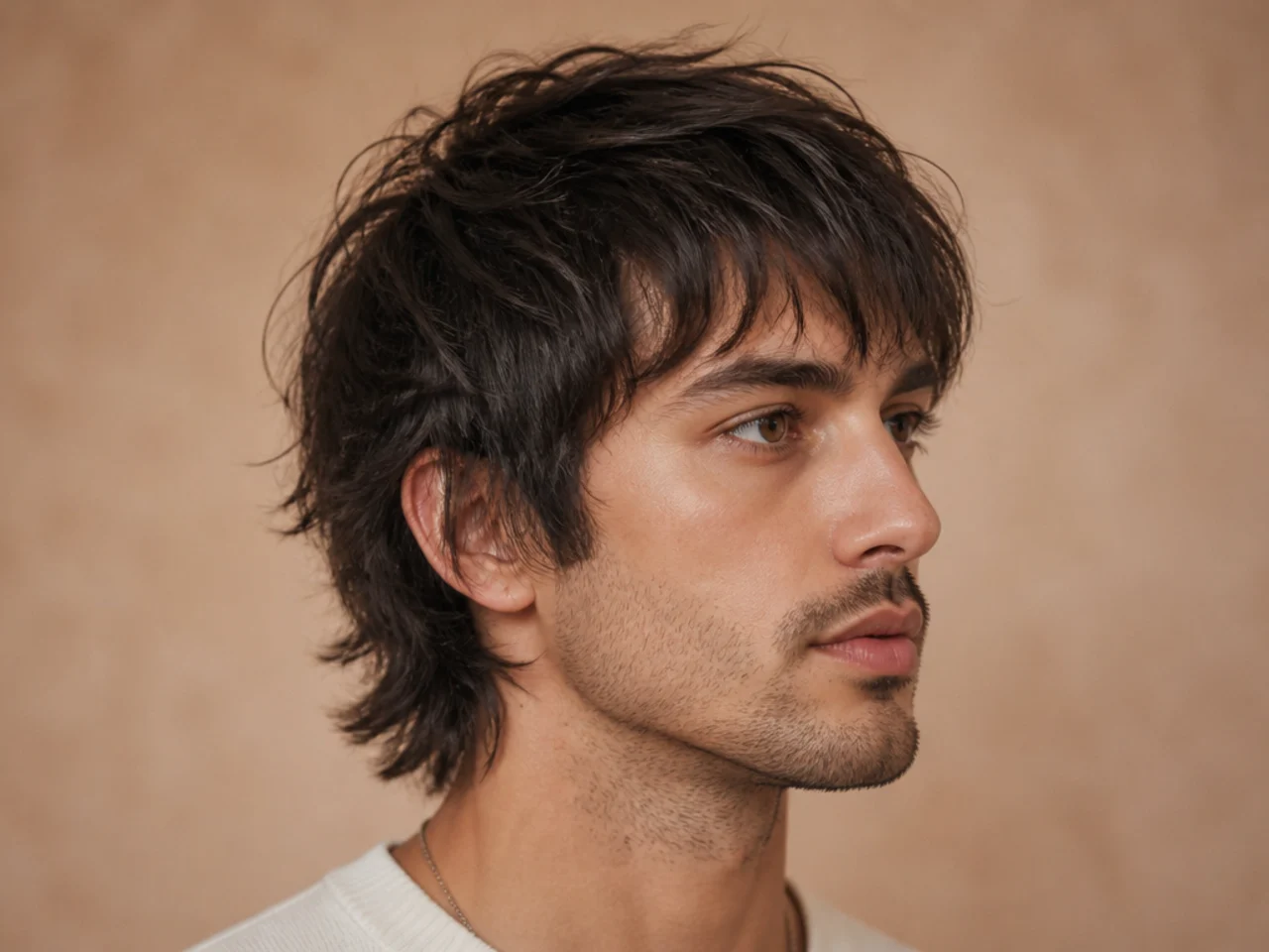 Wispy fringe mullet with feathered airy fringe pieces falling to mid-forehead over a soft two-inch nape