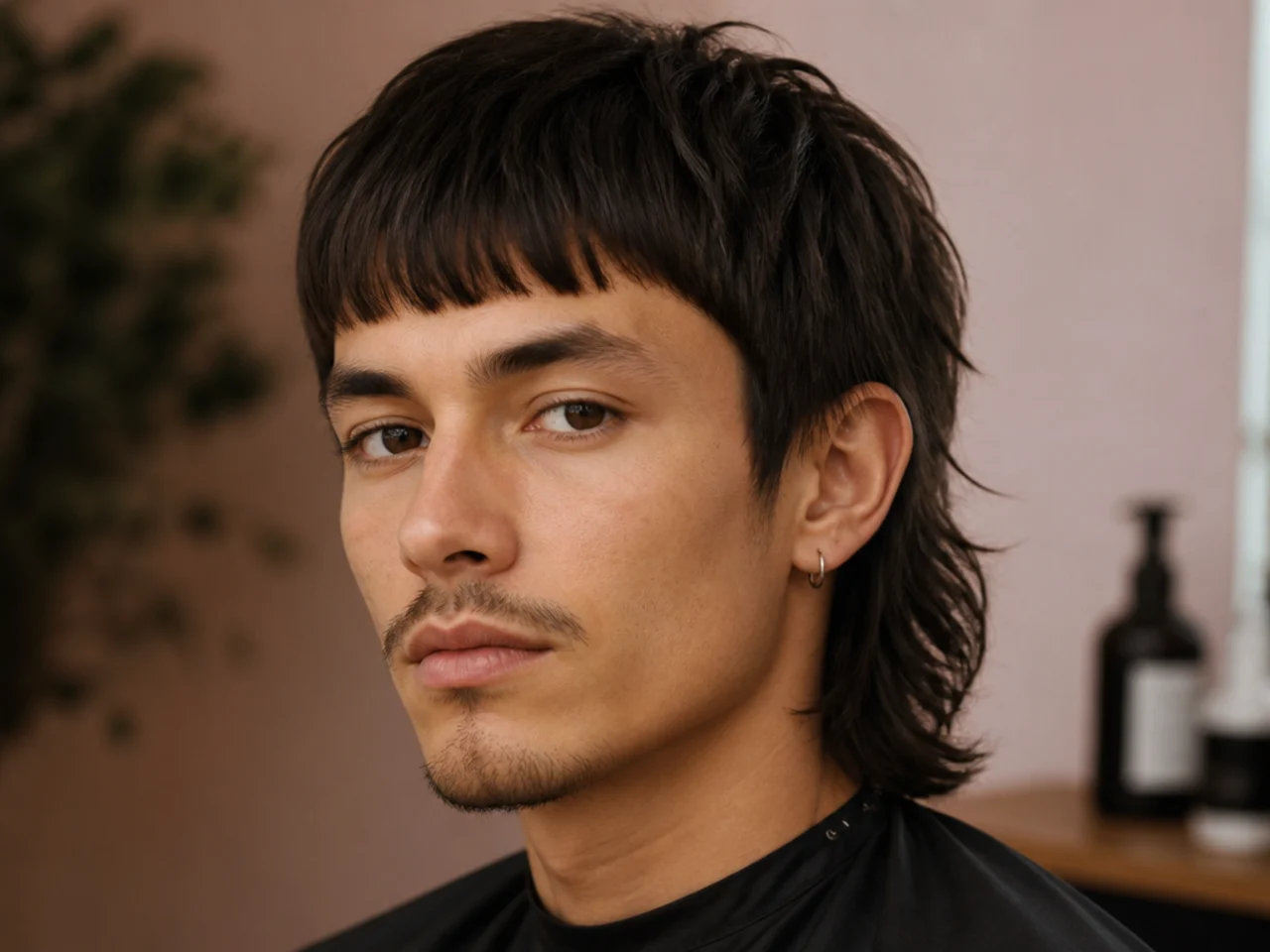 Blunt fringe mullet with a straight-across brow-line fringe and a shoulder-touching layered back on thick straight hair