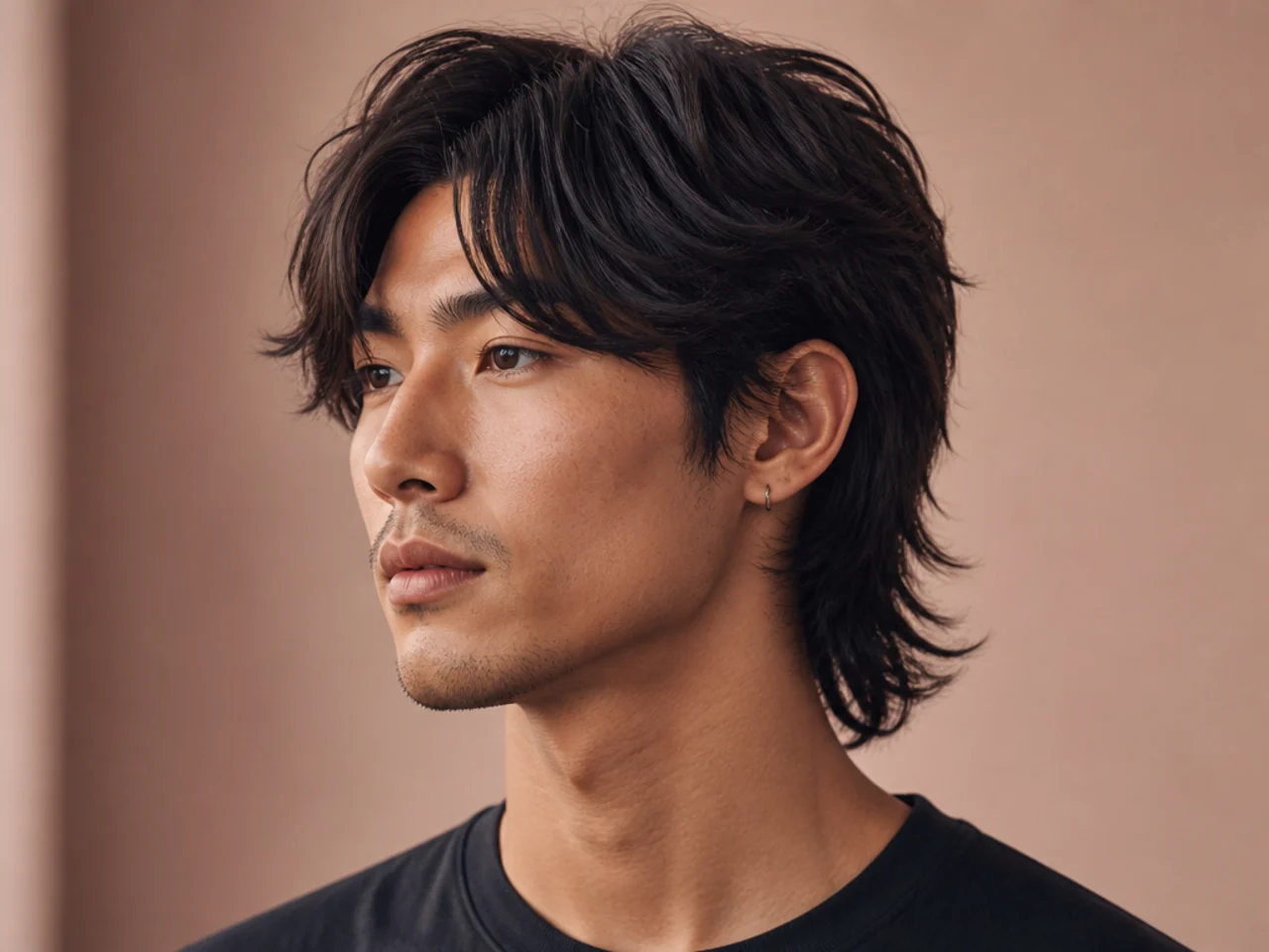 Curtain fringe mullet with a center-parted fringe framing the temples and a three-inch feathered nape