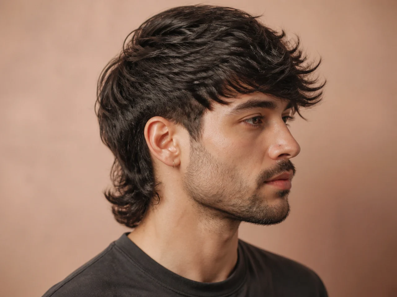 Side-swept fringe mullet with an angled fringe sweeping across the forehead and a two-and-a-half-inch feathered back