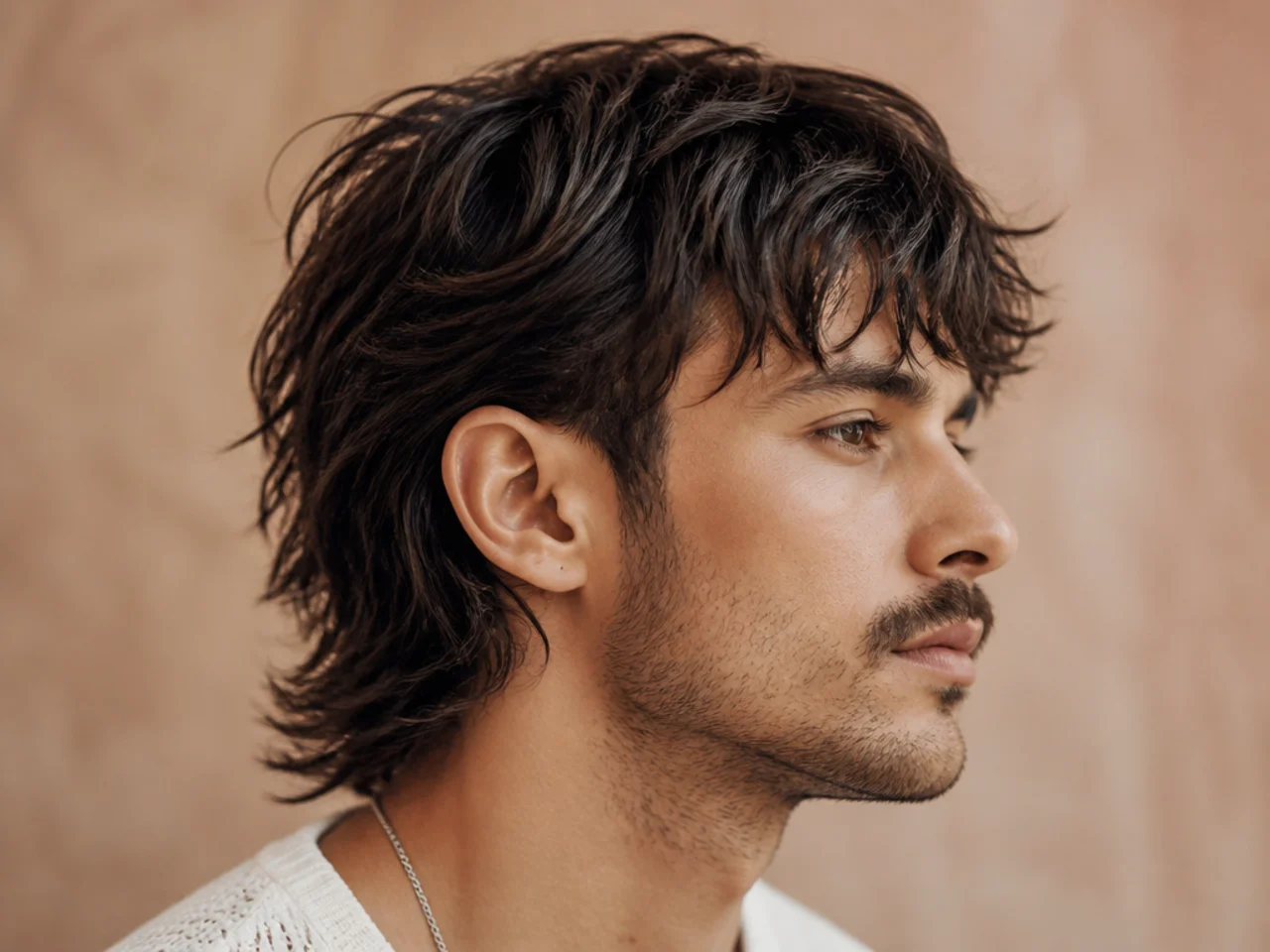 Piecey fringe mullet with separated hair pieces falling forward and a choppy two-inch nape on medium hair