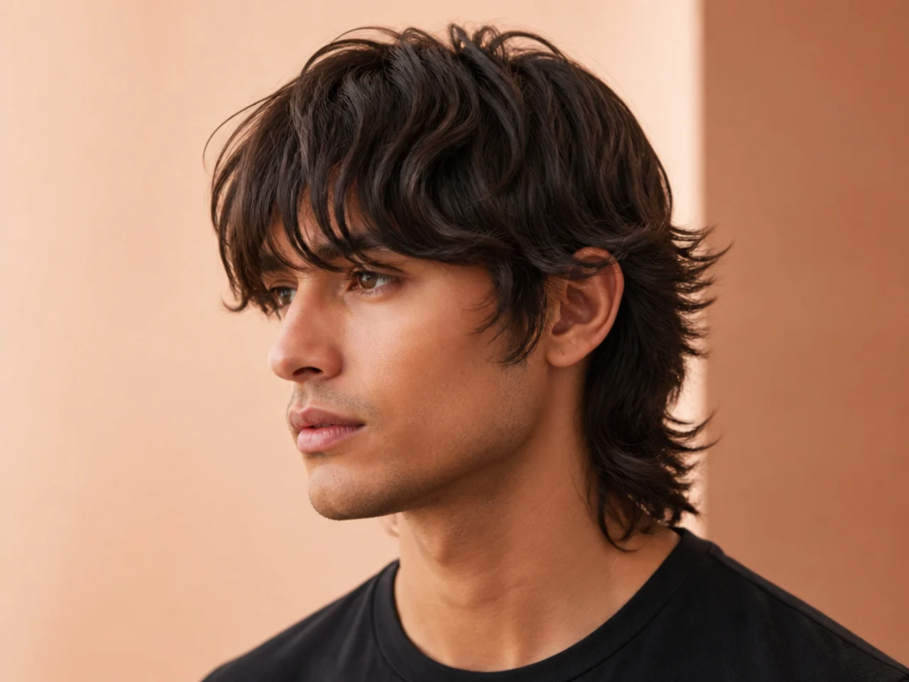 Long fringe mullet with a fringe past the brow and a four-inch layered mullet nape on straight hair