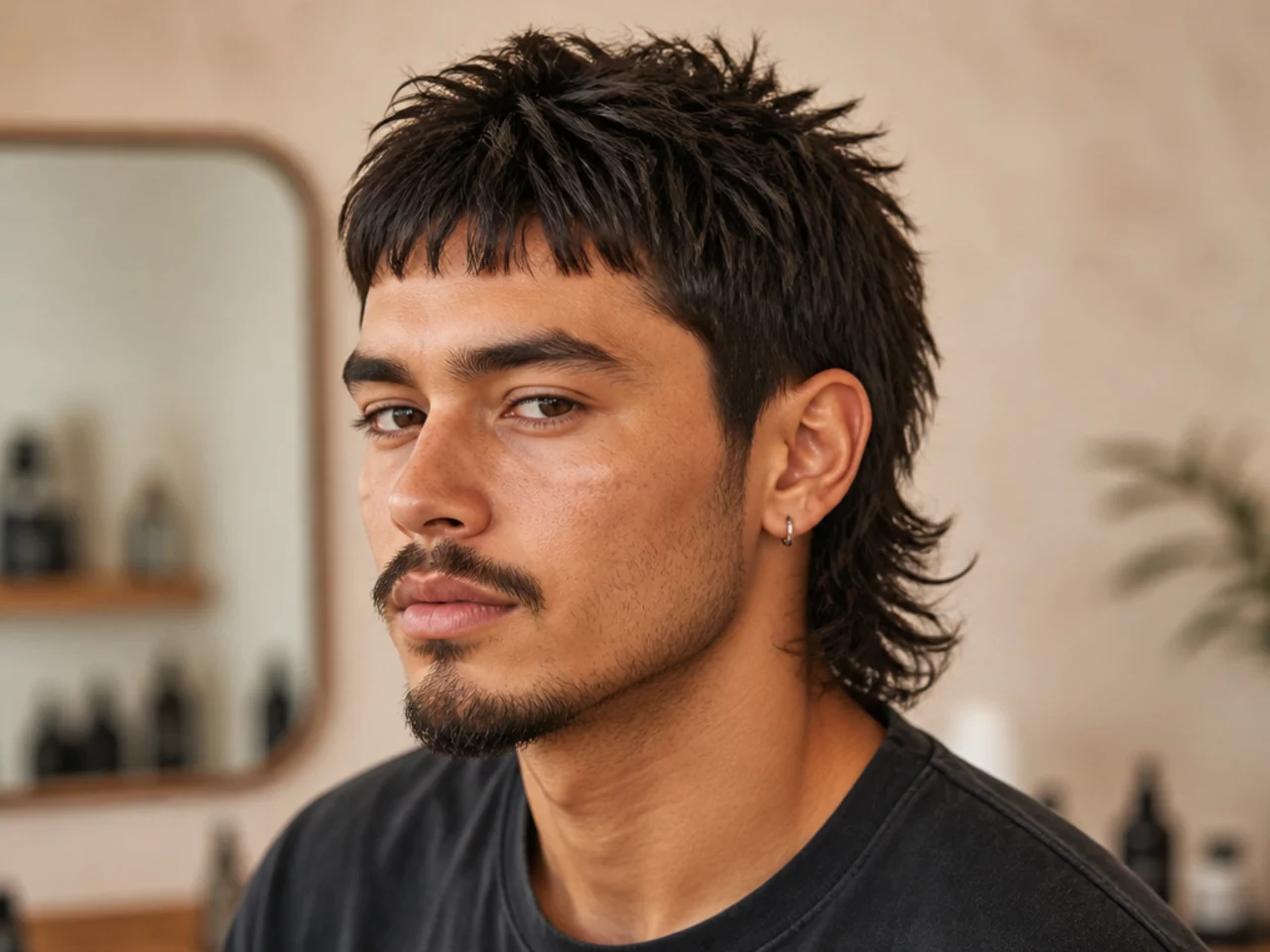 Short choppy fringe mullet with a heavily point-cut fringe sitting high on the forehead and a two-inch textured nape