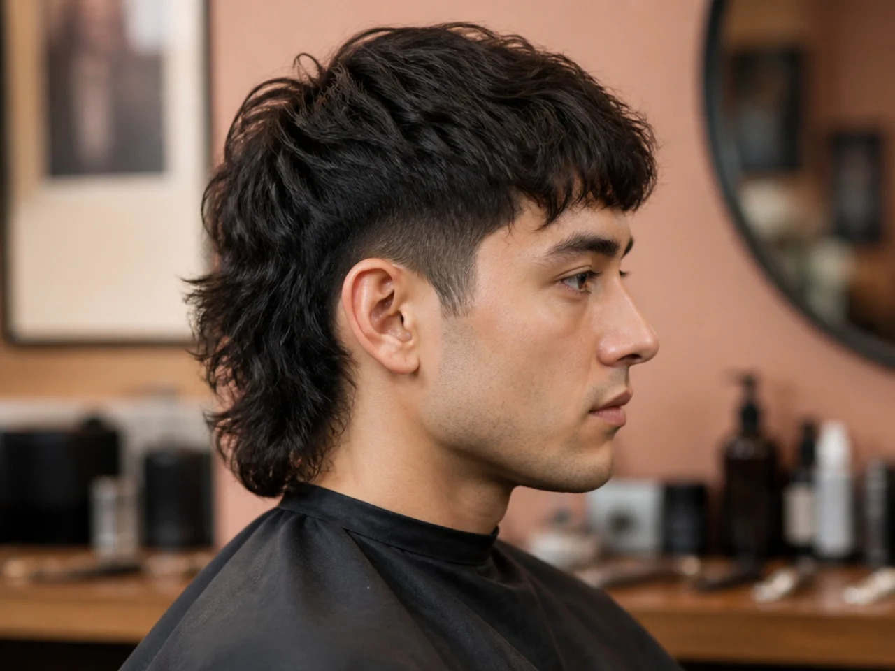 Barber holding scissors and a comb behind a client while showing a fringe mullet reference photo on a tablet