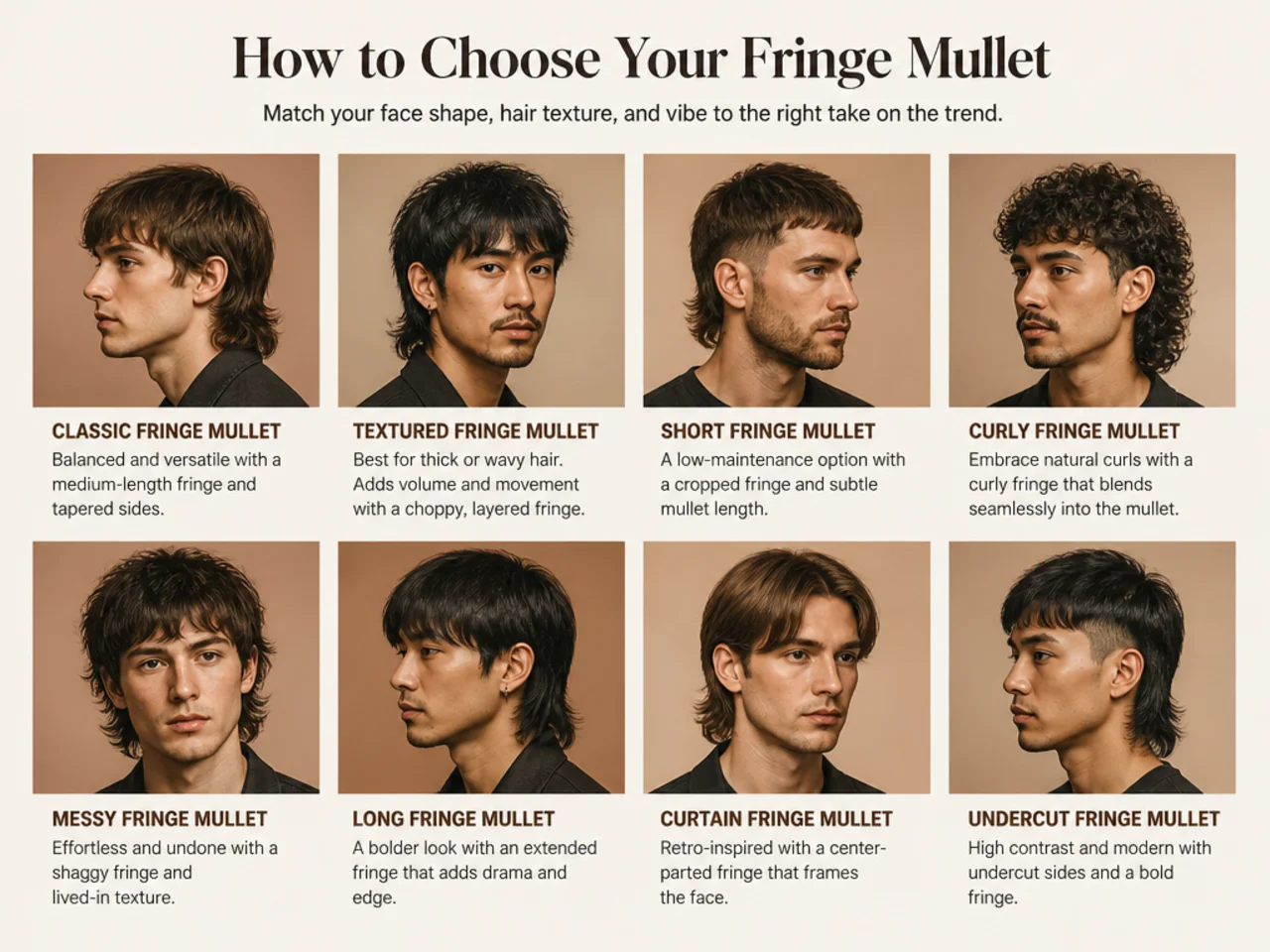 Three young men in a barbershop lineup showing three fringe mullet variations for different face shapes and hair types