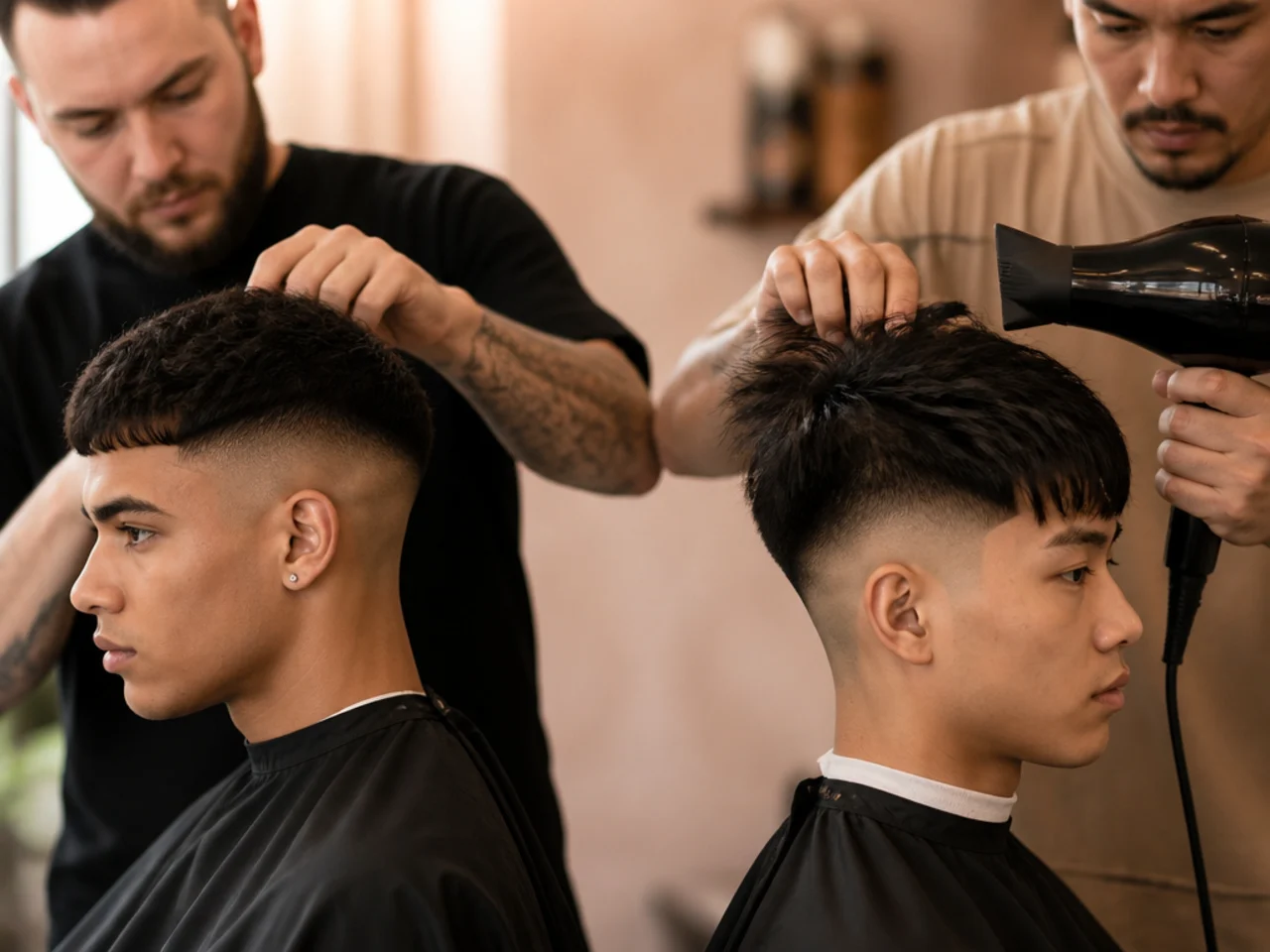 A crop being styled quickly beside a fringe being blow-dried
