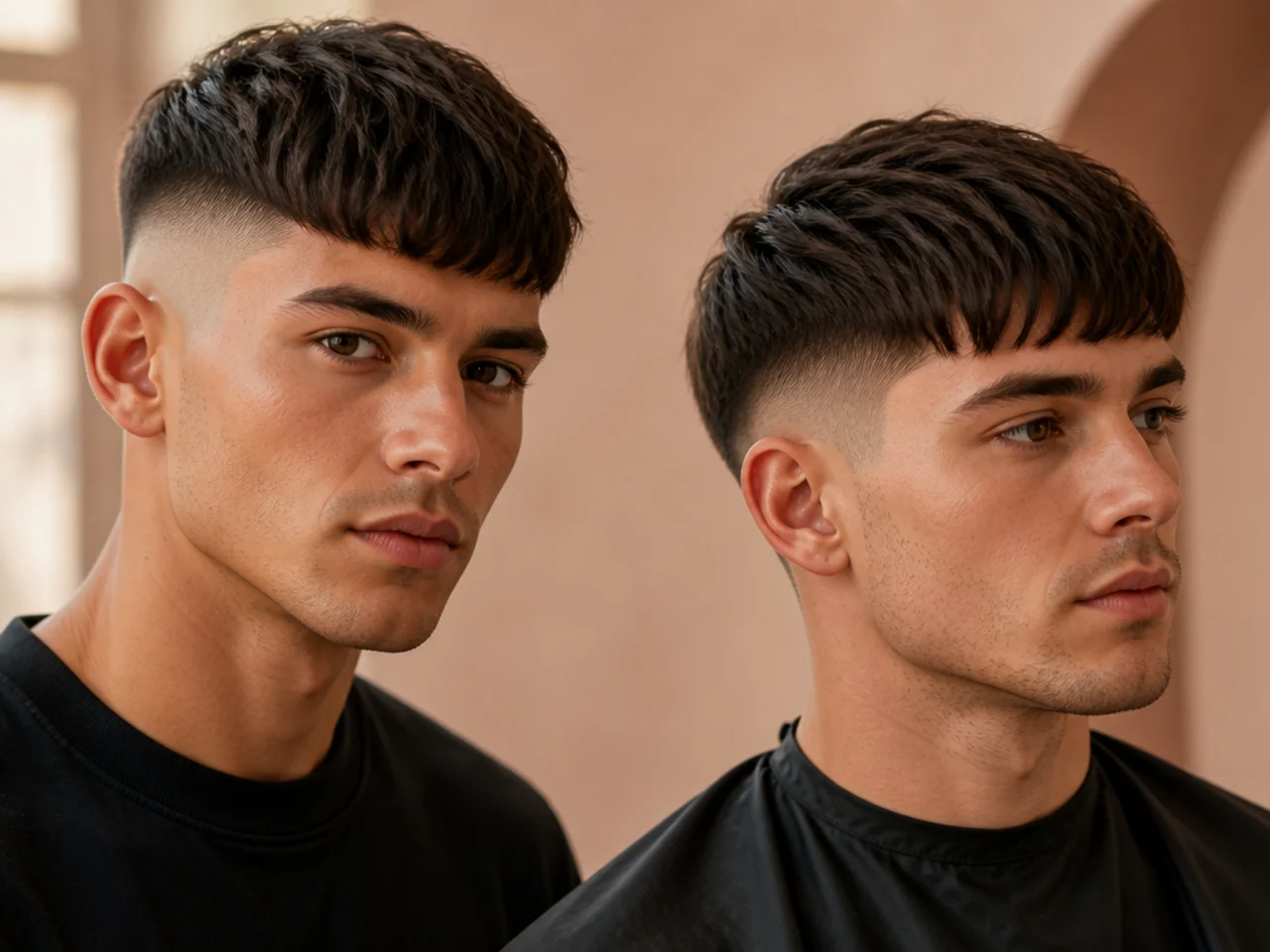 A crop with a high fade beside a fringe with a low fade