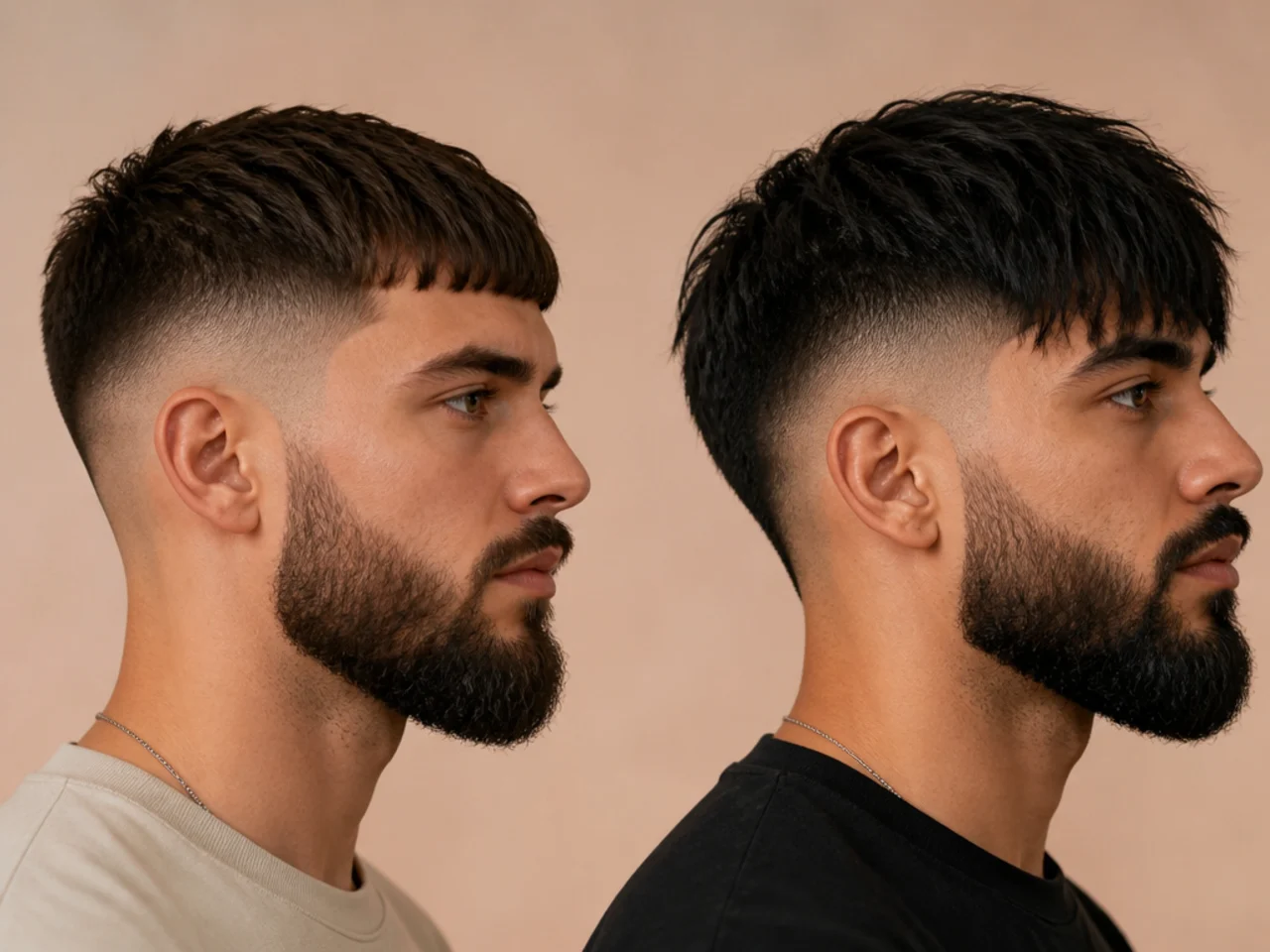 A crop and a fringe each paired with a full beard