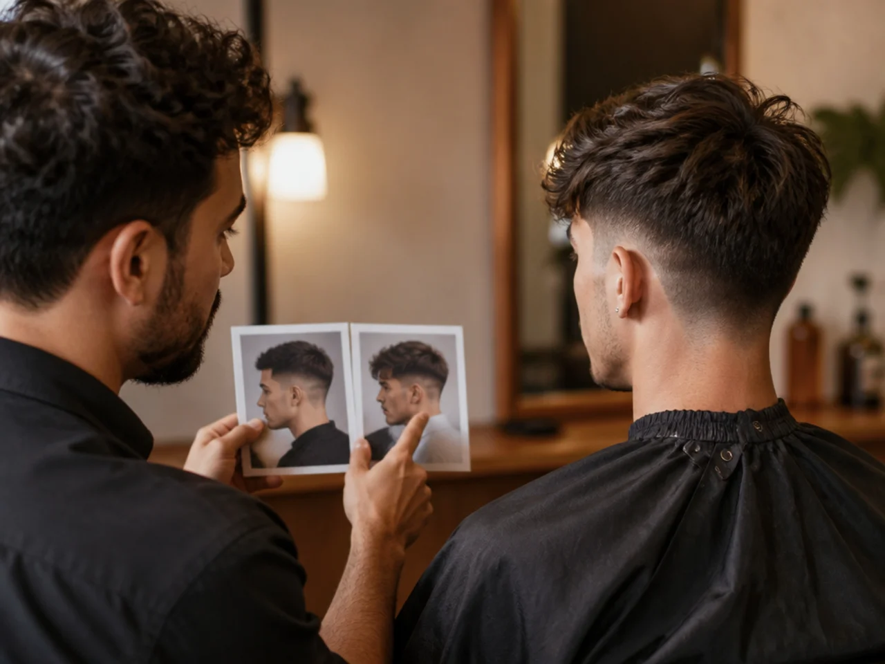 A barber comparing a short crop and a longer fringe on reference photos