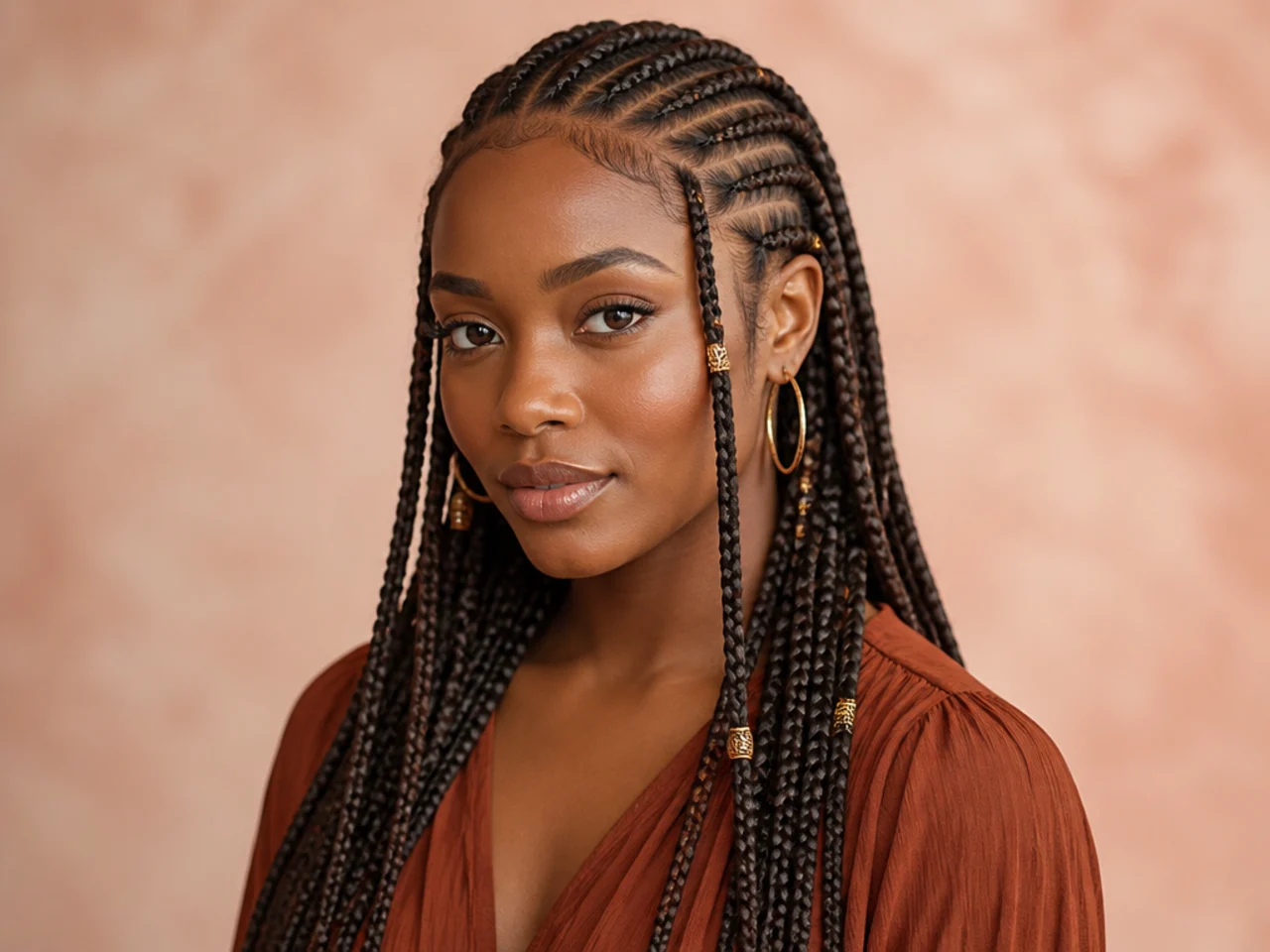 Knotless Fulani braids combining the cornrow pattern with feed-in roots