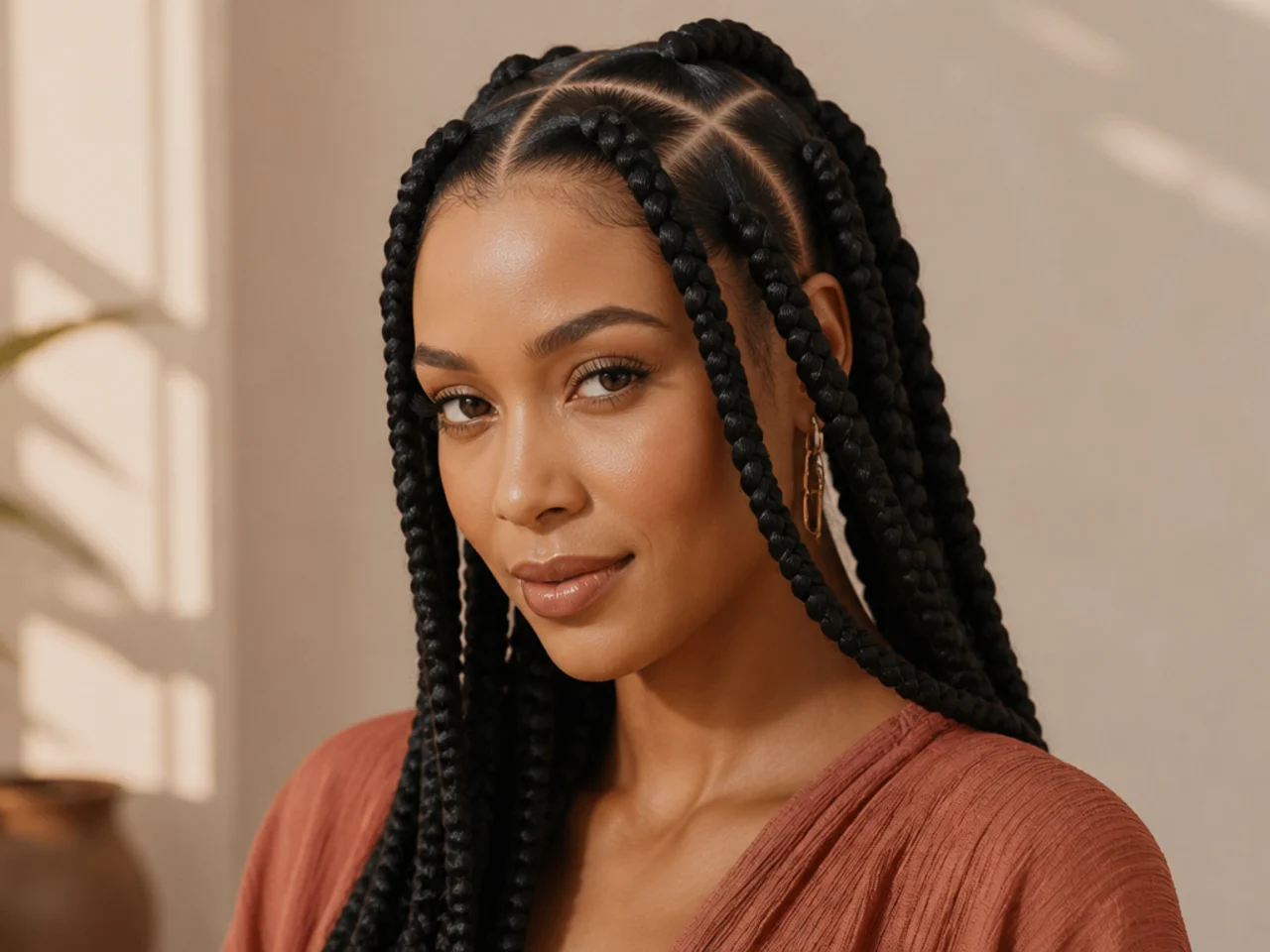 Jumbo knotless braids with wide partings suited to a sensitive scalp