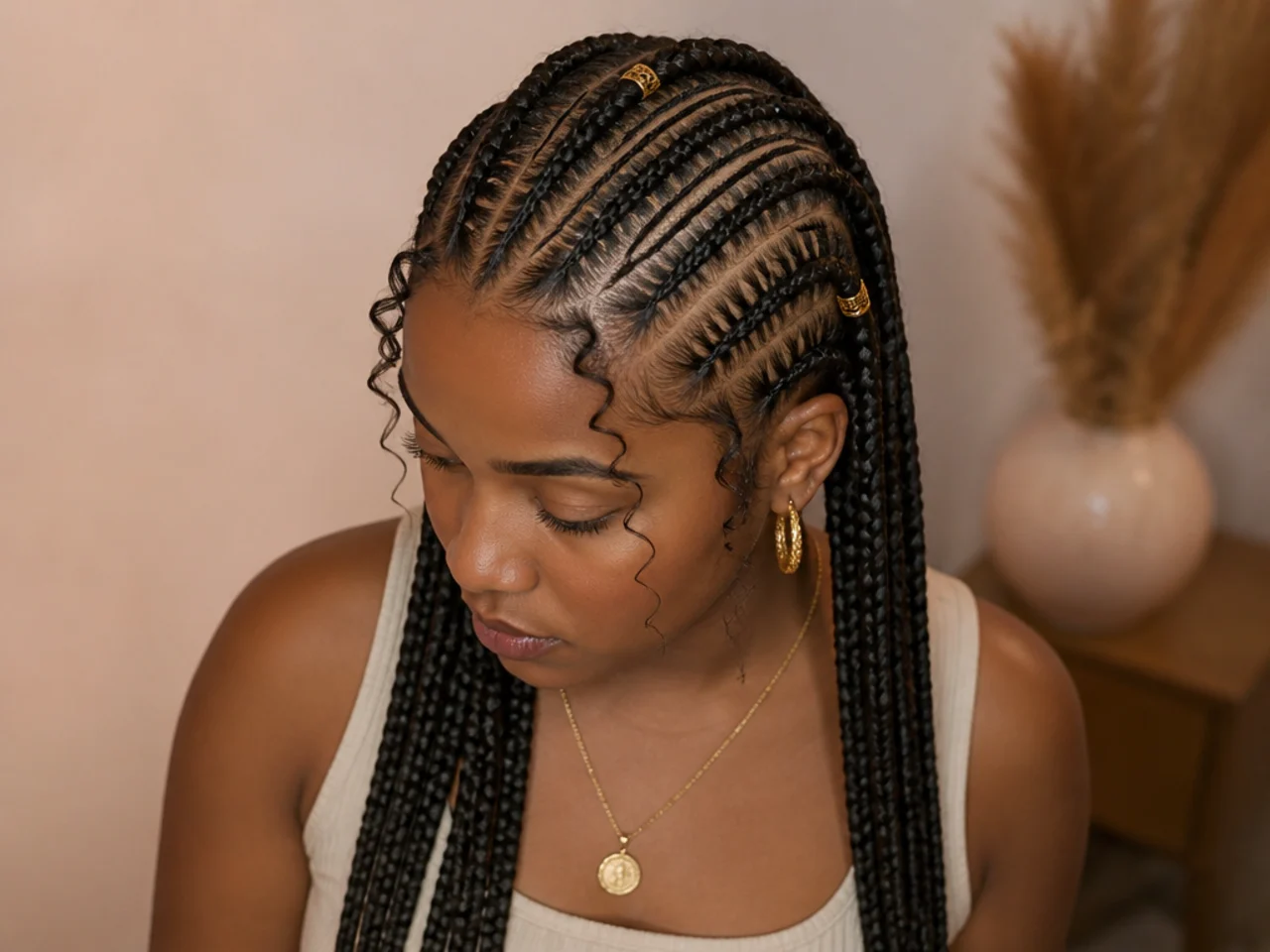 Fulani braid pattern photographed from above showing the cornrow lines clearly