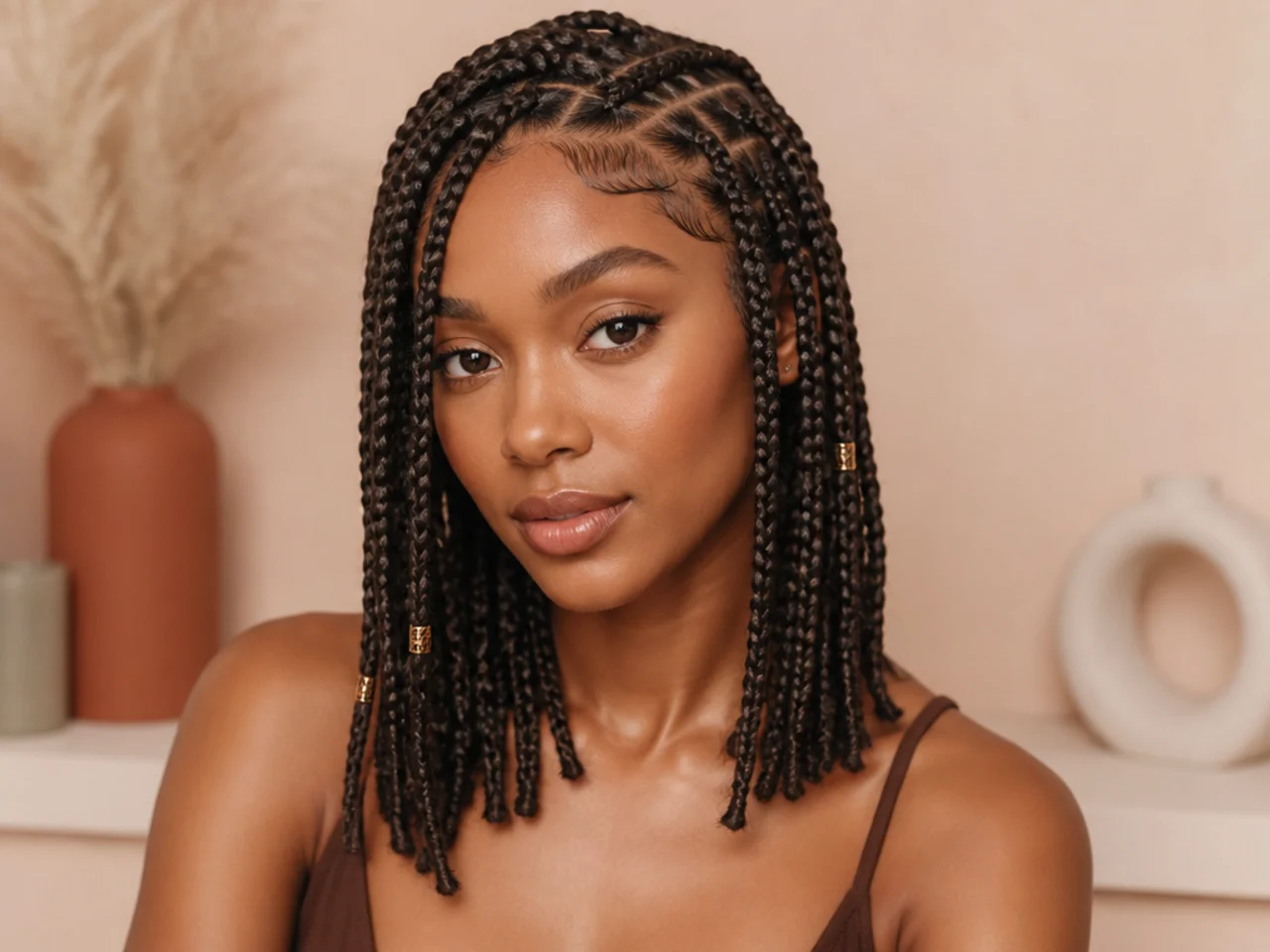 Medium knotless Fulani braids at shoulder length as a first protective style