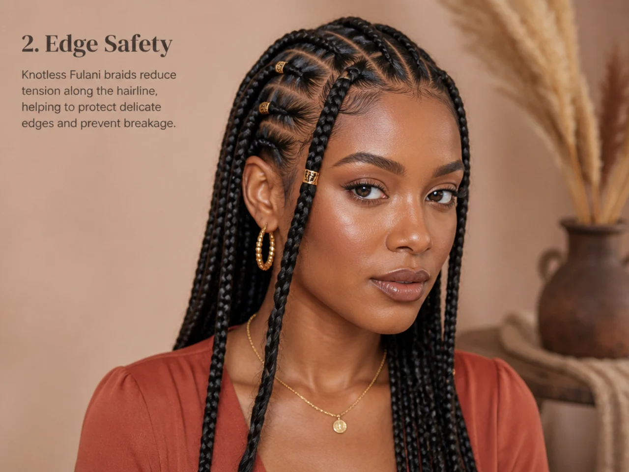 Healthy hairline with knotless Fulani braids sitting flat along the front