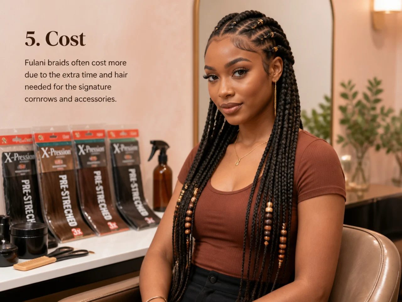 Braiding hair packs laid out beside styling tools in a salon setting