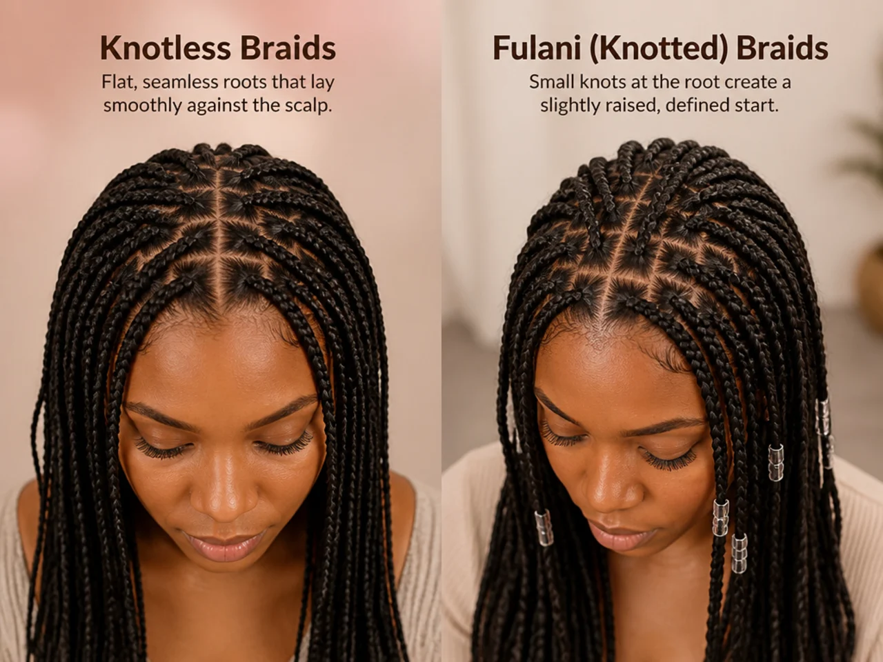 Overhead view comparing flat knotless roots with slightly raised knotted roots