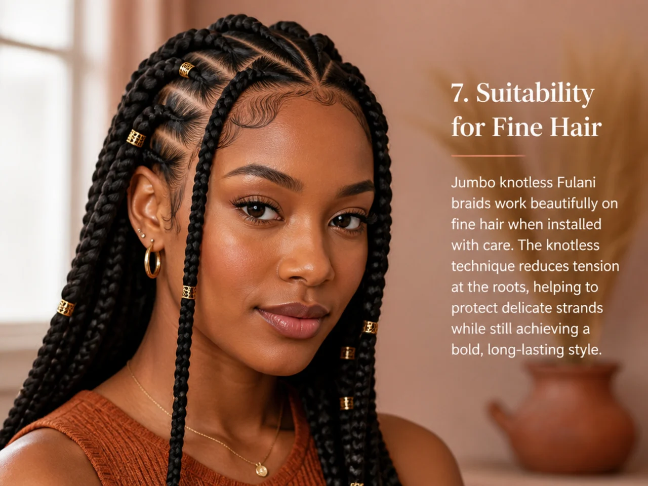 Jumbo knotless Fulani braids installed on fine hair