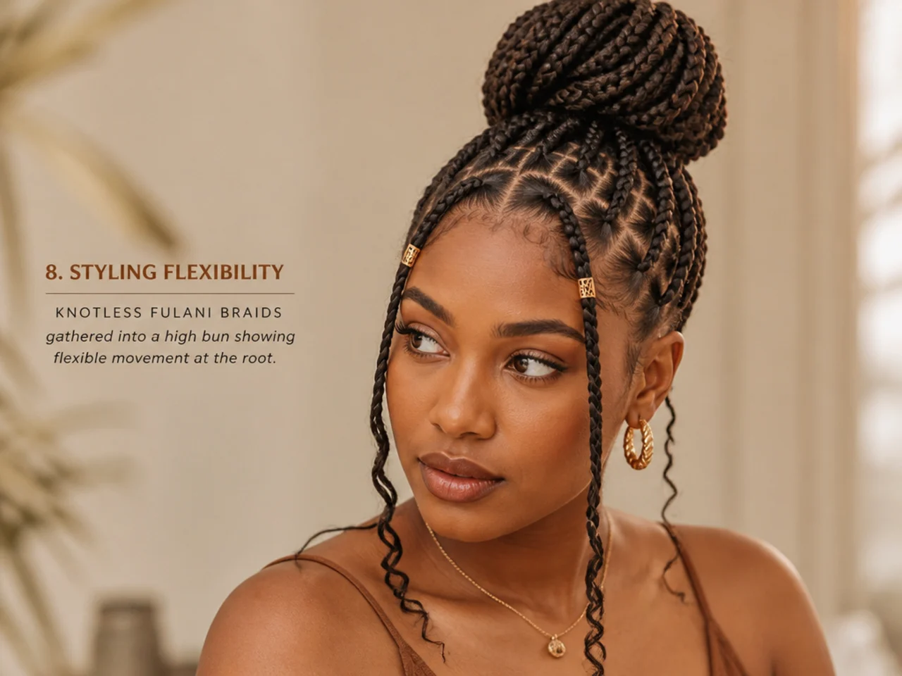 Knotless Fulani braids gathered into a high bun showing flexible movement at the root