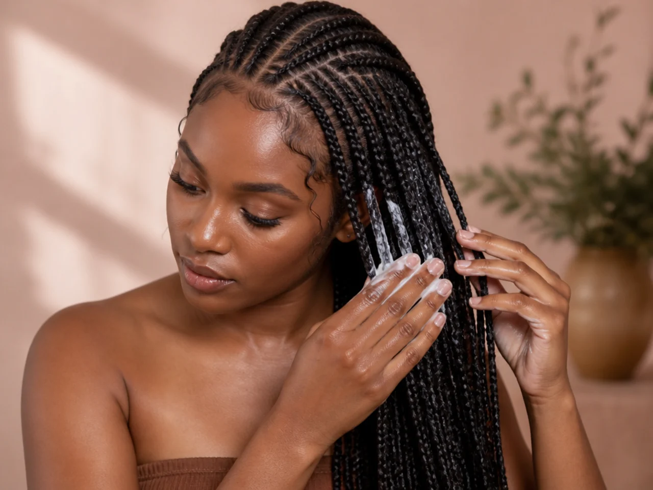 Conditioner being applied to braids before takedown