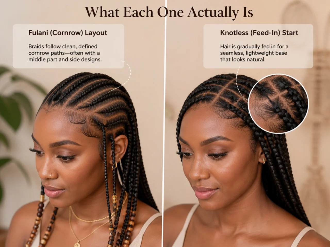 Diagram-style photograph showing the Fulani cornrow layout beside a close-up of the knotless feed-in start