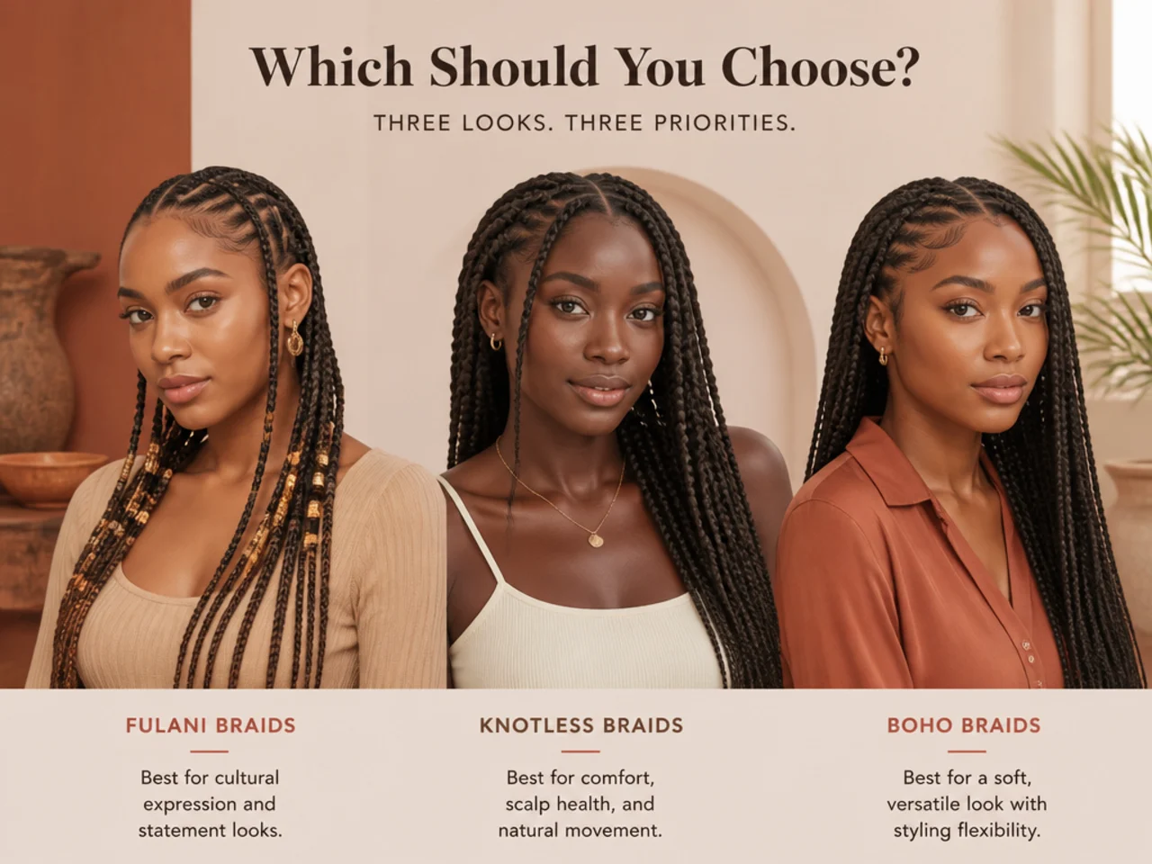 Three finished braid styles representing the recommended options for different priorities
